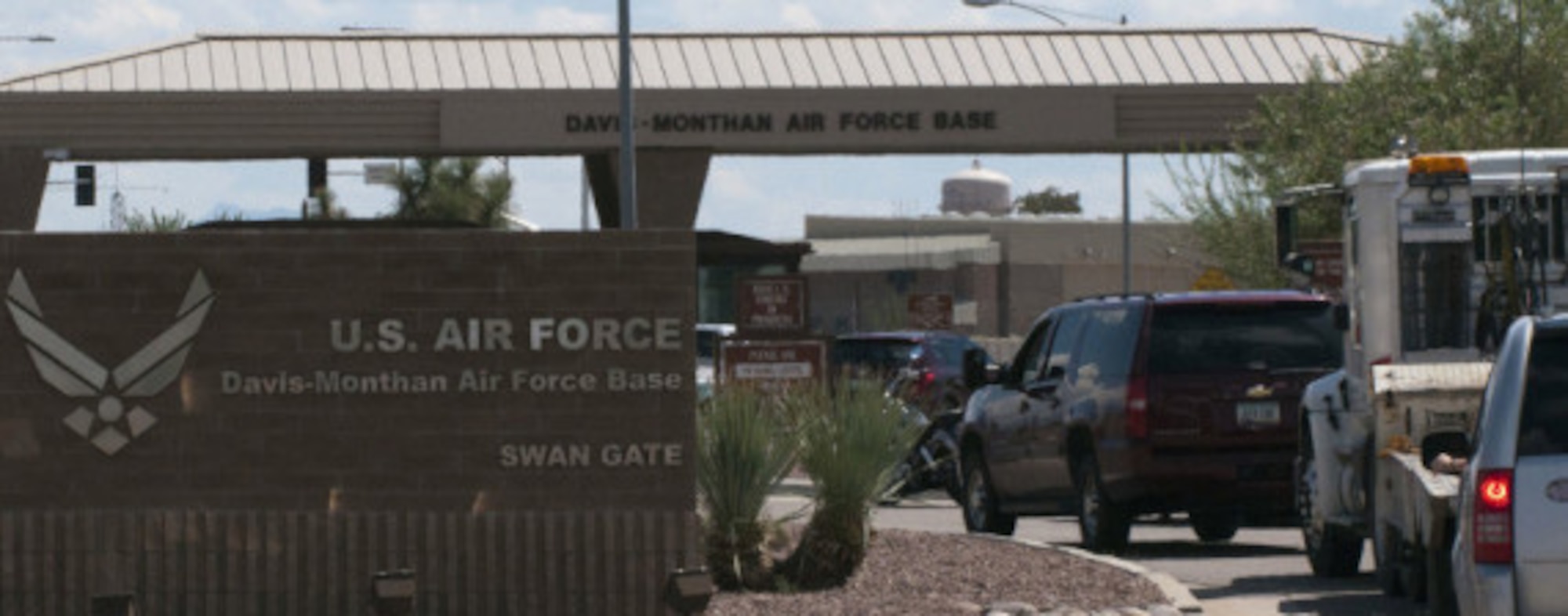 DAVIS-MONTHAN AIR FORCE BASE, Ariz. – Cars remain motionless outside the Swan gate at D-M as they try to enter the base. The gates closing down to form one single point of entry is one of the security measures D-M implements during a lock-down to prevent anyone from exiting or entering the installation. (Courtesy photo)
