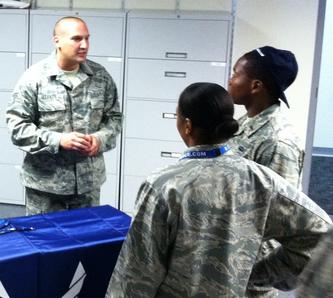 Tech. Sgt. David Leavitt, 367th Recruiting Squadron trainer, teaches two U.S. Air Force Academy second lieutenants basic recruiting skills. Members of the 367th Recruiting Squadron trained 20 second lieutenants from the USAFA admissions diversity recruiting team critical skills needed to help them recruit from the Broadest Landscape.  The Broadest Landscape is an Air Force Recruiting Service command priority that emphasizes recruiting highly qualified candidates from all races and ethnic backgrounds, from all across the country, and from every walk of life. (U.S. Air Force photo/Master Sgt. Brian Moore)