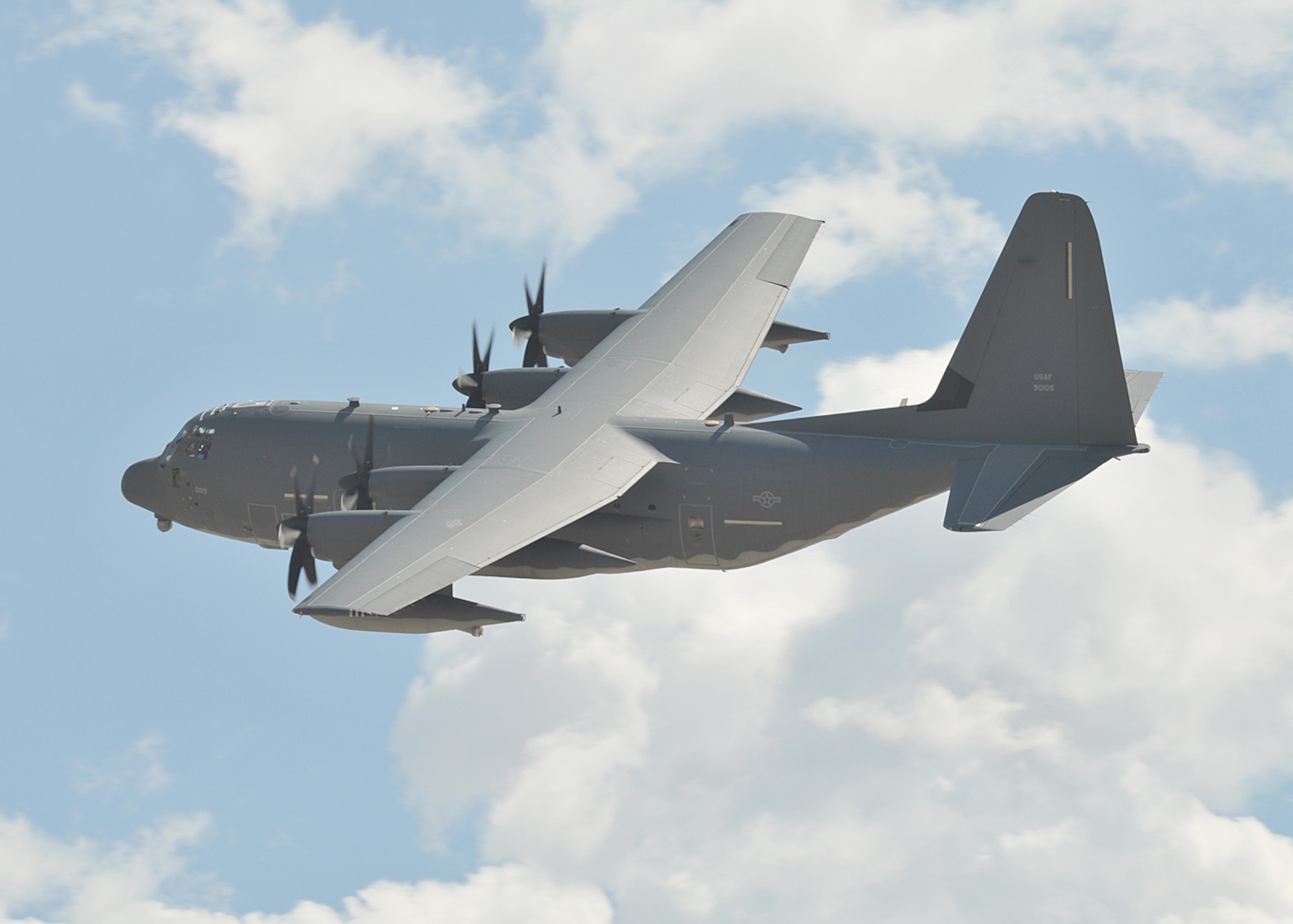 KIRTLAND AFB, N.M. -- An HC-130J prepares to land here Sept. 29. It is the first of the new C-130J models to arrive at Kirtland Air Force Base and the 58th Special Operations Wing. (Photo by Todd Berenger)