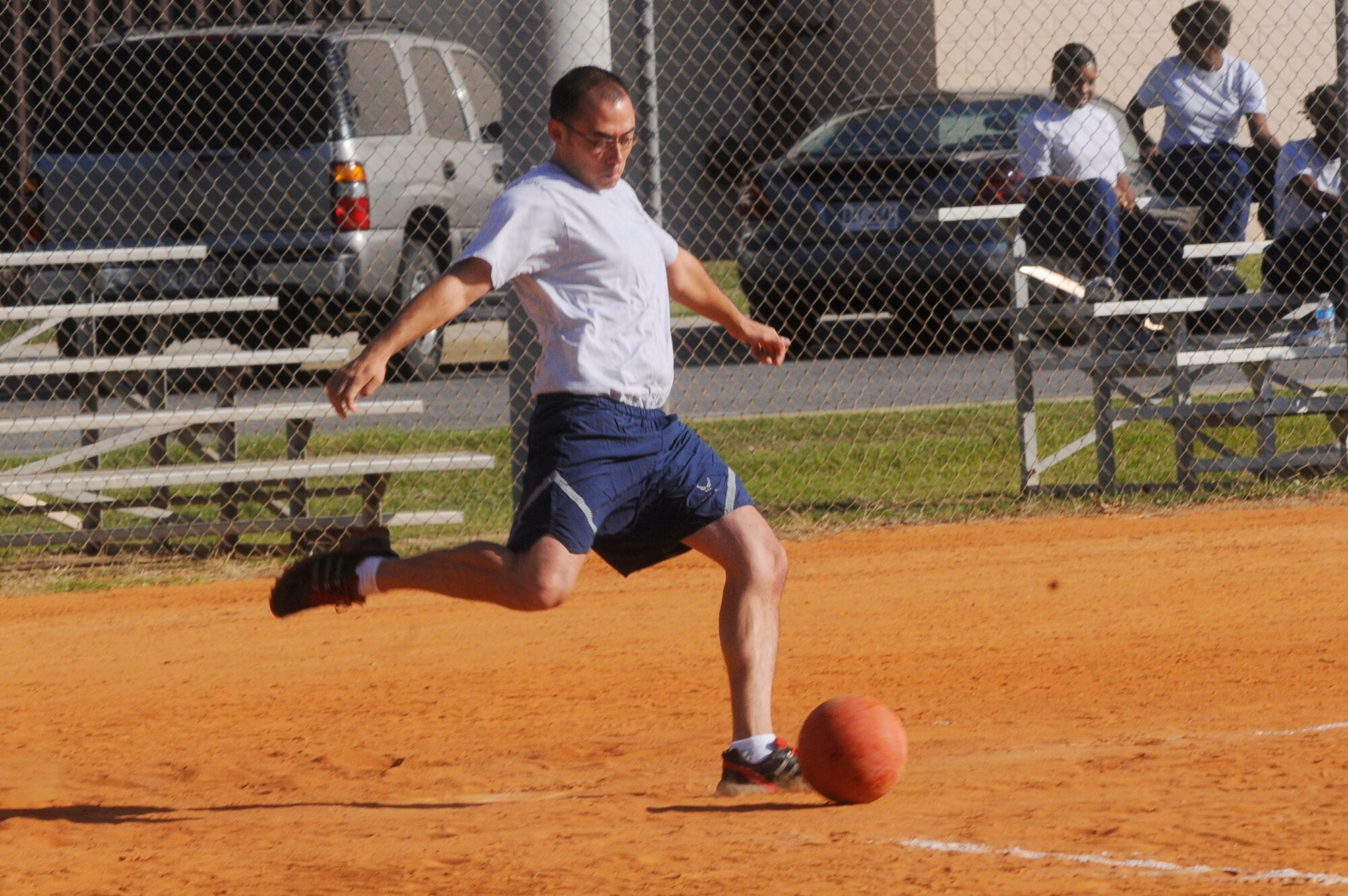 A Sports Day participant competes in  kick ball during Sports Day. U. S. Air Force photo by Sue Sapp