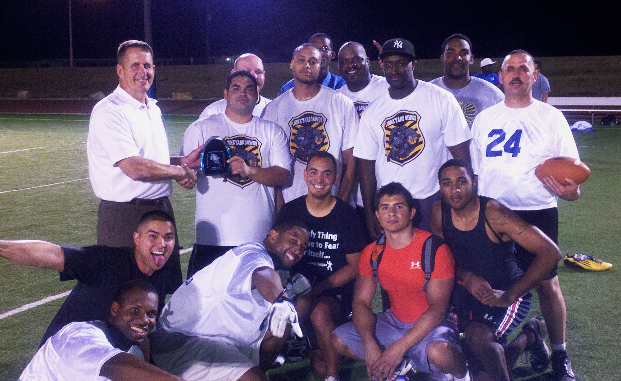 GOODFELLOW AIR FORCE BASE, Texas--  The Mission Support Group's flag football team, the Junkyard Dawgs poses for a group photo near the beginning of the season. The team beat the 316th Training Squadron's team the Sharks 19:0 in the championship game Oct. 6 at Mathis field. (courtesy photo) 