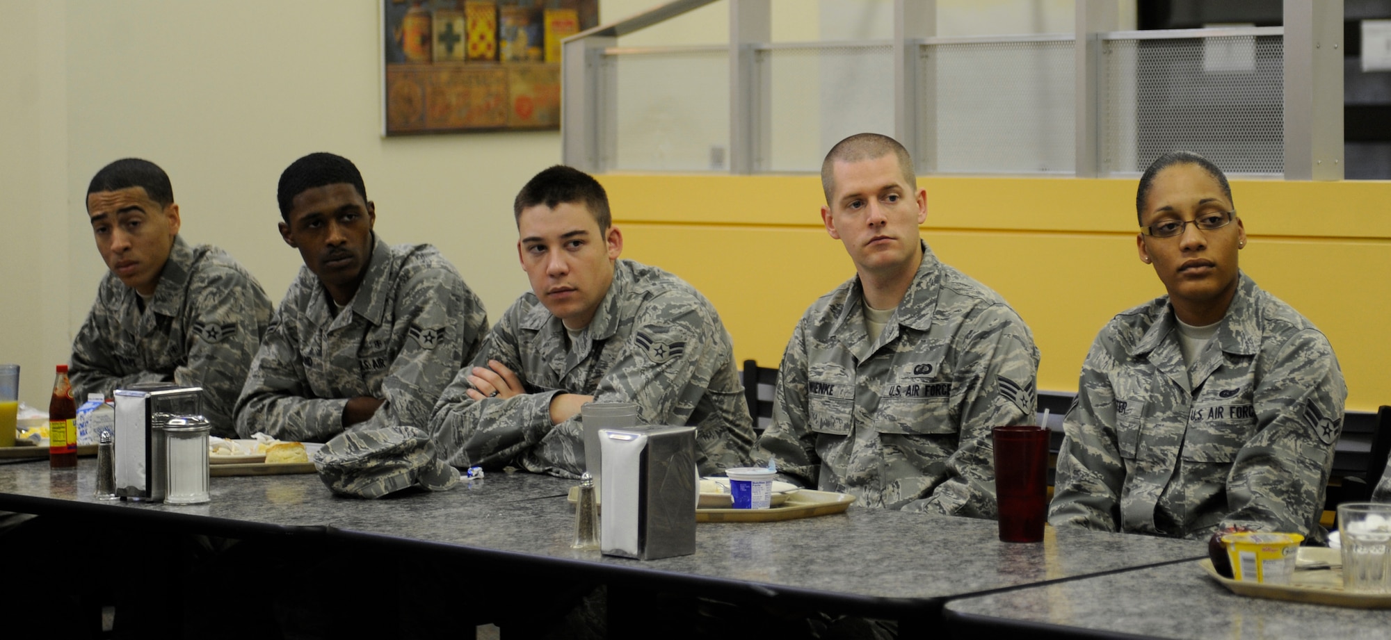 Several 509th Bomb Wing Airmen ate breakfast with Chief Master Sgt. Terry West, 8 th Air Force command chief, during a visit here Oct. 5.  The Airmen asked several questions about their future in the Air Force. The chief visited the First Term Airman Center, Airman Leadership School students, took a tour on the flightline and met with enlisted and officer medical professionals at the clinic to observe how the Airmen perform their mission first-hand.  (U.S. Air Force photo by Staff Sgt. Alexandra M. Boutte) (RELEASED) 