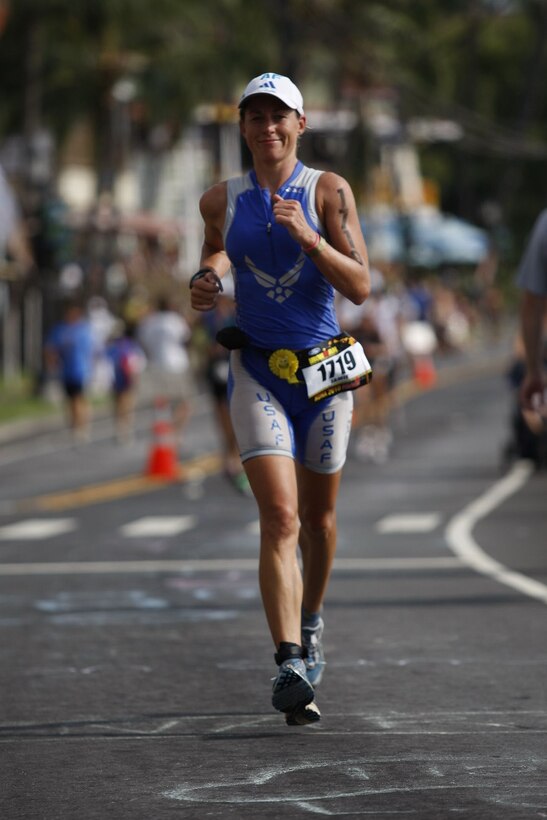 Capt. Jamie Turner runs the 26.2-mile marathon while competing in the 2010 Ford Ironman World Championship Oct. 9, 2010 at Kona, Hawaii. Captain Turner is a C-17 Globemaster III pilot at Joint Base Charleston, S.C. She finished with an overall time of 10:48:31. (U.S. Air Force courtesy photo from the 2010 Ford Ironman World Championship/Action Sports International)