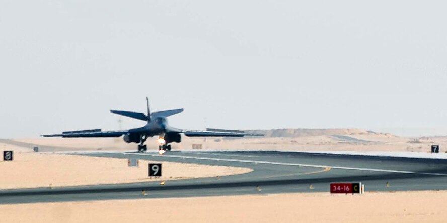 A B-1B Lancer from the 34th Expeditionary Bomb Squadron lands after returning from a mission, Oct. 7, 2011, at an undisclosed location in Southwest Asia. October 7, 2011, marked the 10th anniversary of Operation Enduring Freedom in which the B-1B Lancer has played a critical role providing airpower for U.S. and coalition ground forces. The 34th EBS is
currently assigned to the 379th Air Expeditionary Wing. (U.S. Air Force photo/Senior Airman Paul Labbe)


