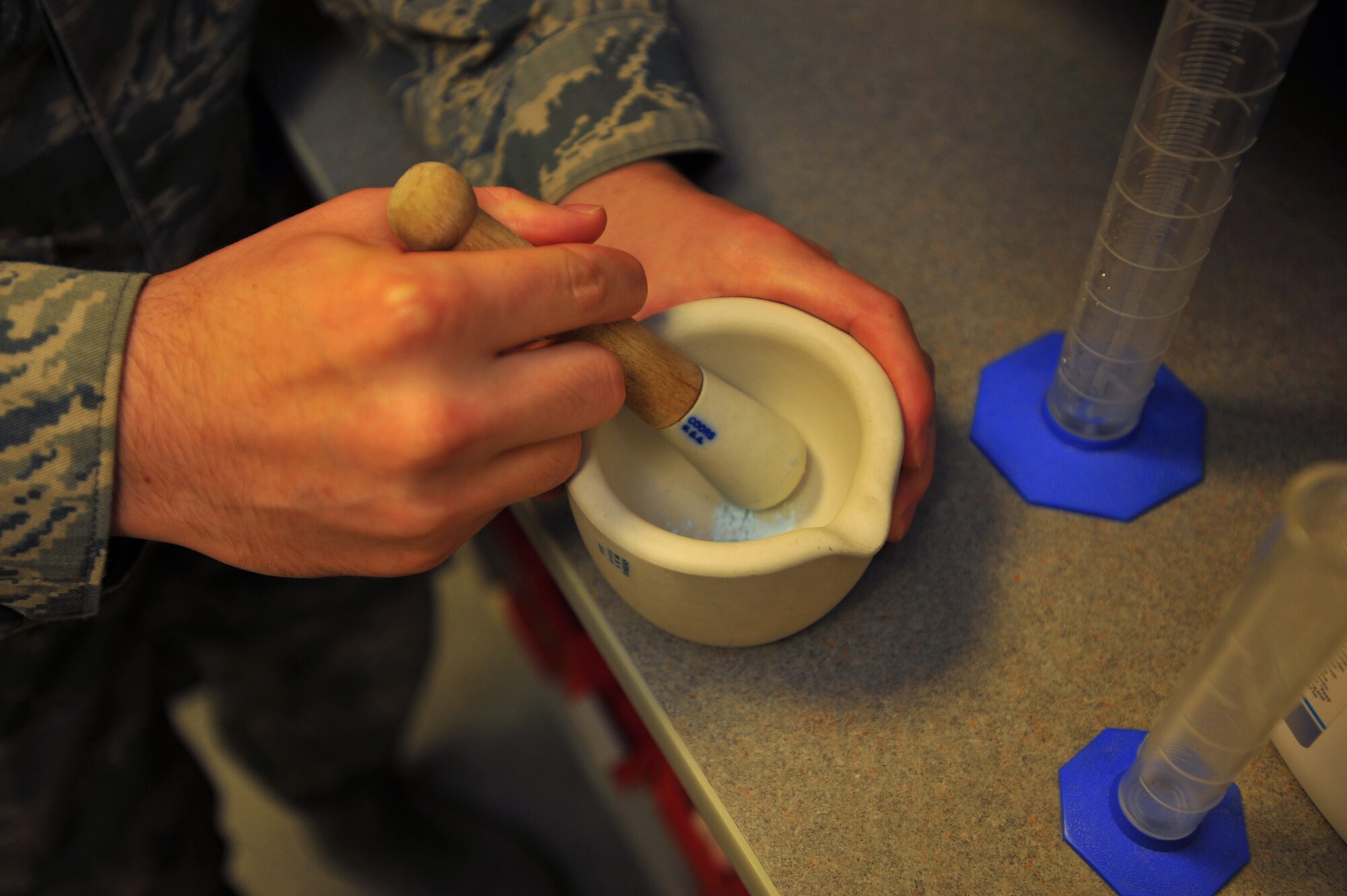SPANGDAHLEM AIR BASE, Germany – A 52nd Medical Support Squadron pharmacy technician crushes Glyburide into a powder to fill a customer’s prescription inside the 52nd Medical Group Pharmacy here Oct. 5. On average, the pharmacy fills approximately 200 prescriptions each day. The pharmacy serves a vital role in promoting Airmen and family health and wellness. (U.S Air Force photo/Airman 1st Class Dillon Davis)