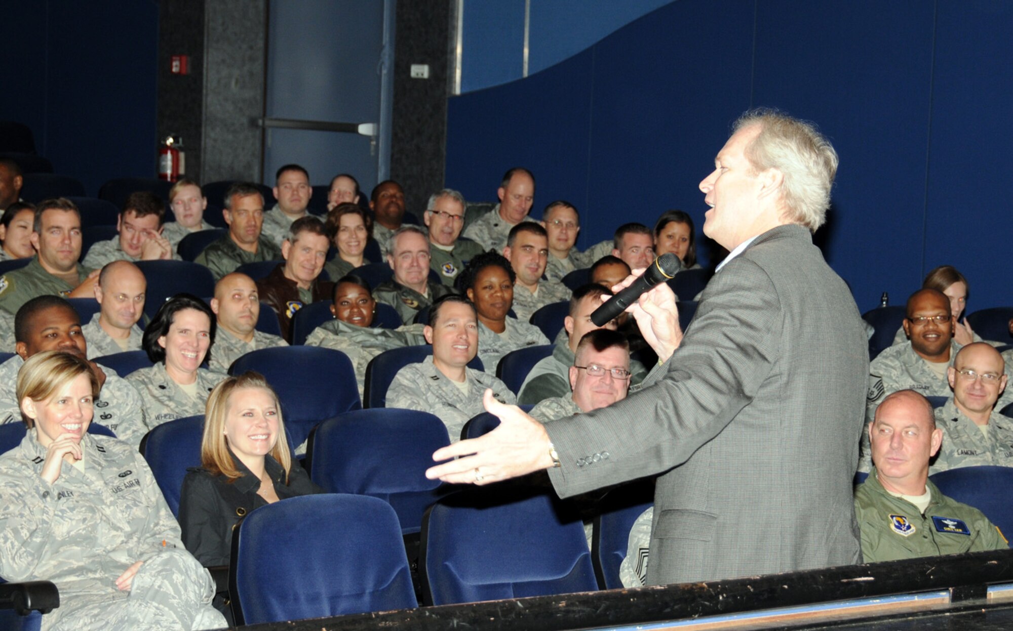 RAMSTEIN AIR BASE, Germany -- Inspirational speaker and best-selling author Dan Clark addresses a gathering of 17th Air Force (Air Forces Africa) Airmen during their Wingman Day Oct. 7, 2011, at the Hercules Theater here. Clark, the former NFL player and author of "Chicken Soup for the Soul" series, is visiting 17th as they prepare to consolidate with Headquarters U.S. Air Forces in Europe and 3rd Air Force in the coming months. (US Air Force photo by Master Sgt. Jim Fisher)