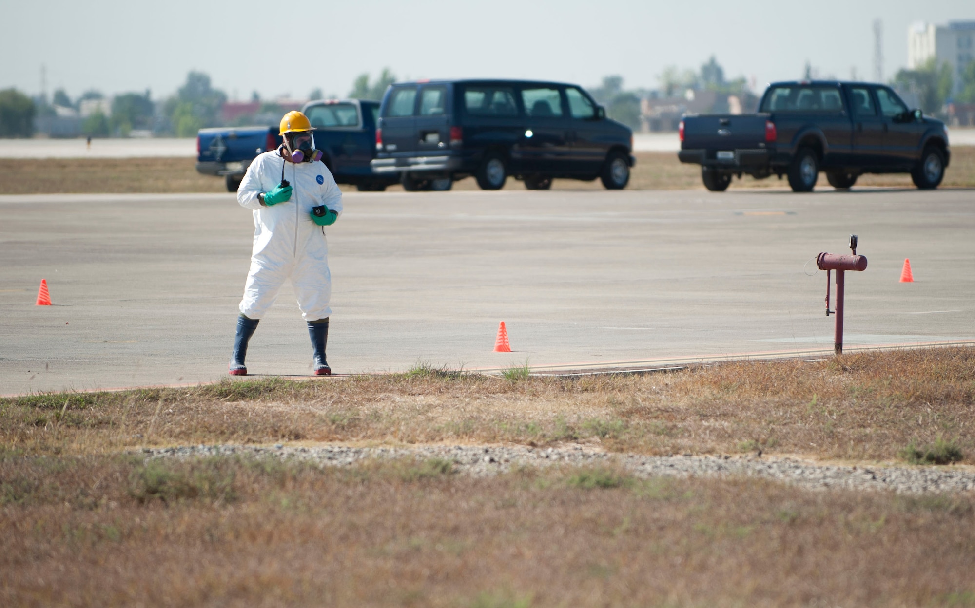 A 39th Medical Group bioenvironmental team member conducts an air quality test during a fuel spill response exercise Oct. 5, 2011, at Incirlik Air Base, Turkey. The air quality test confirms if a fuel spill would pose a danger to the local community. (U.S. Air Force photo by Senior Airman Clayton Lenhardt/Released)