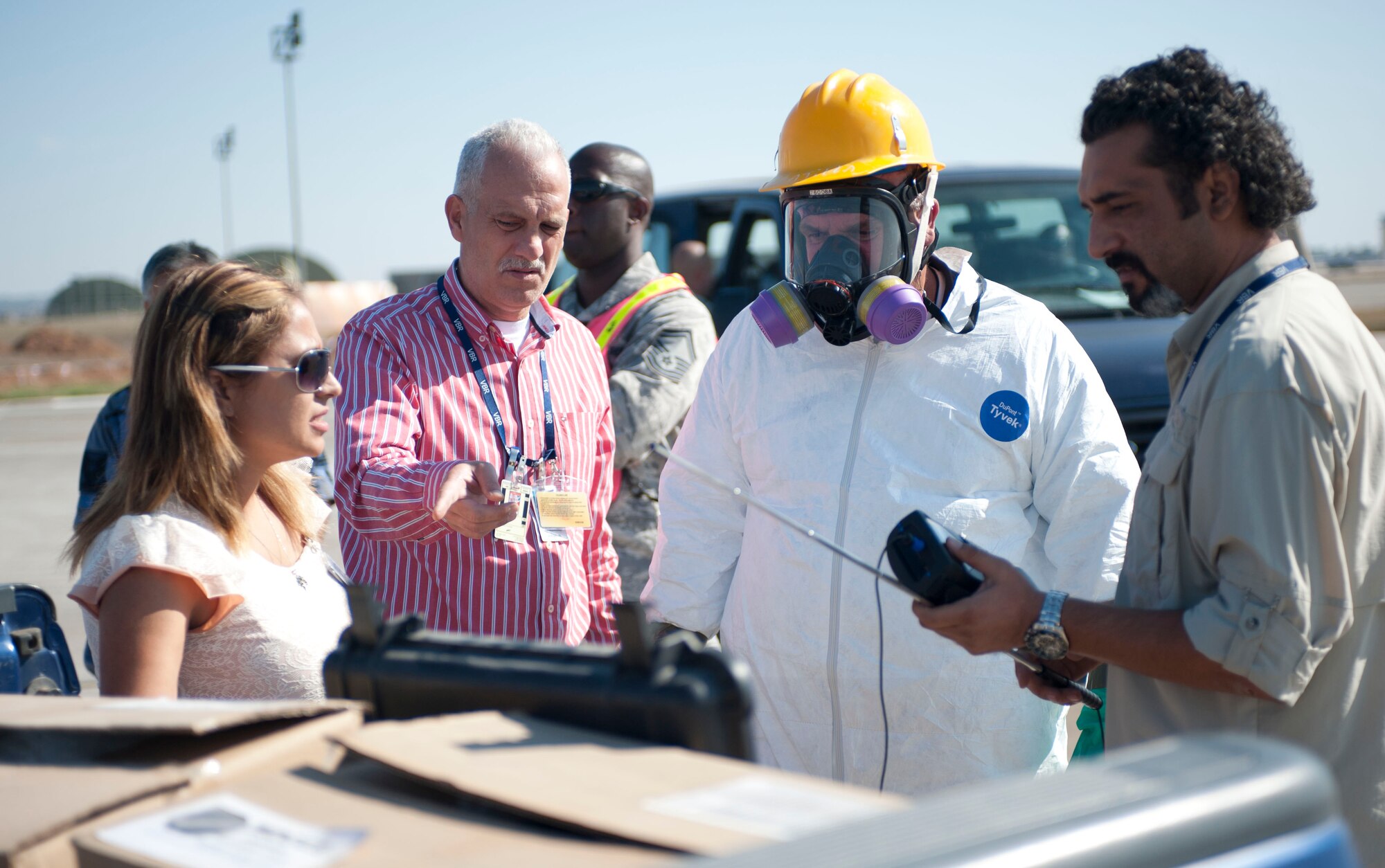 Members of a 39th Medical Group bioenvironmental team prepare to conduct an air quality test during a fuel spill response exercise Oct. 5, 2011, at Incirlik Air Base, Turkey. The air quality test confirms if a fuel spill would pose a danger to the local community. (U.S. Air Force photo by Senior Airman Clayton Lenhardt/Released)