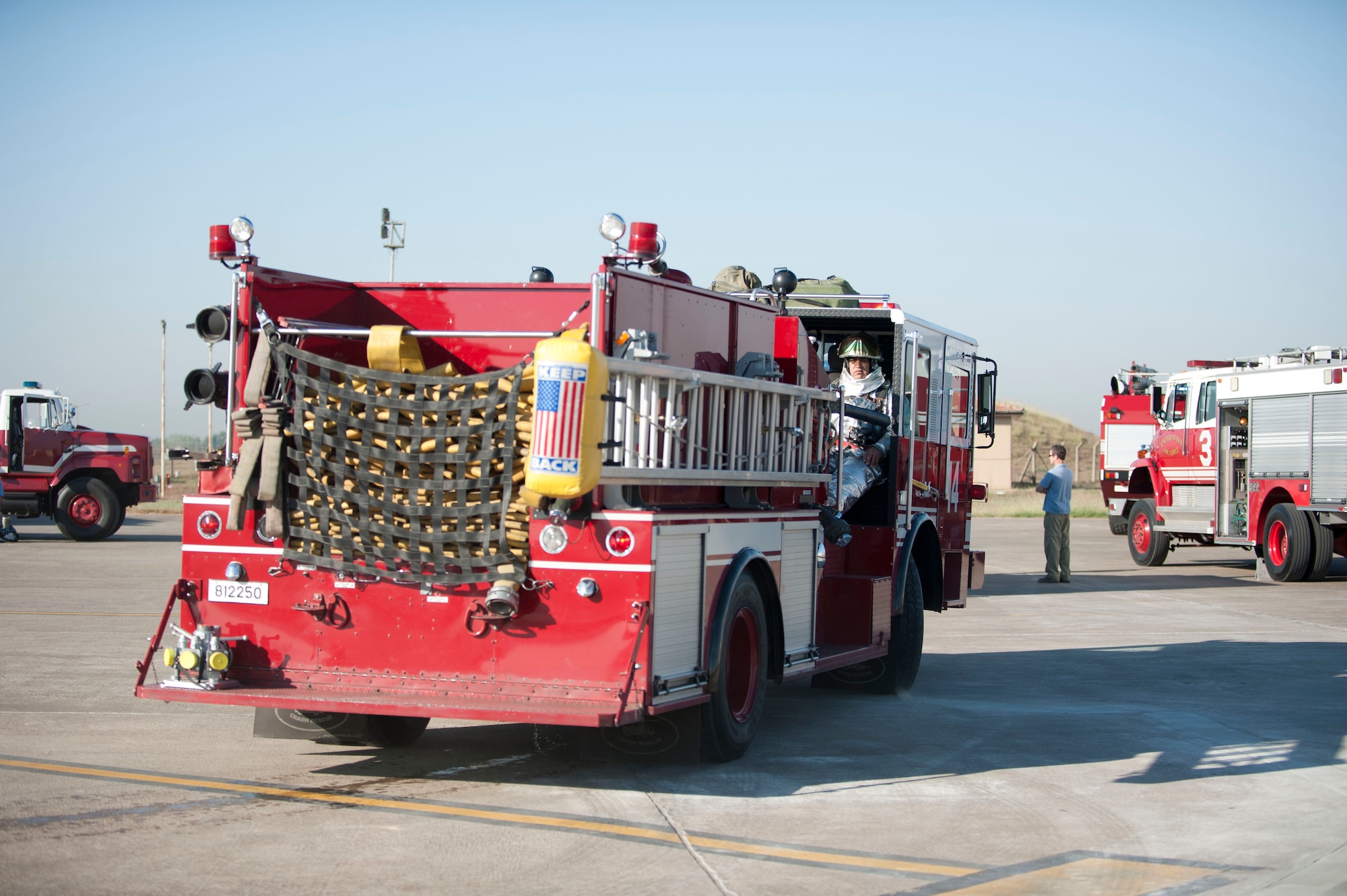 The Incirlik Air Base Fire Department responds to a simulated fuel spill during a fuel spill response exercise Oct. 5, 2011, at Incirlik Air Base, Turkey. The fire department would cover an actual fuel spill with foam to keep the fuel from igniting. (U.S. Air Force photo by Senior Airman Clayton Lenhardt/Released)