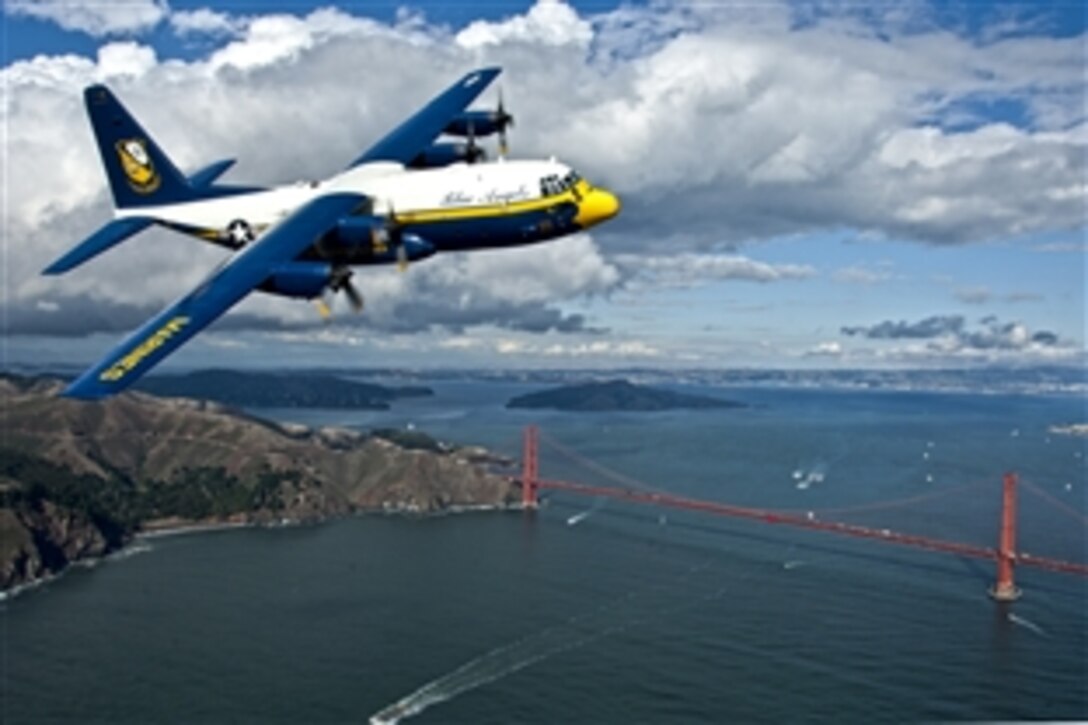 Fat Albert, a C-130 Hercules aircraft, flies over San Francisco, Oct. 6, 2011, to prepare for an air show scheduled during San Francisco Fleet Week 2011. The C130 Hercules crew is assigned to the U.S. Navy Flight Demonstration Squadron, the Blue Angels. San Francisco Fleet Week is a five-day event that highlights the equipment, technology and operational capabilities of the military's sea services and their history in the San Francisco area. 