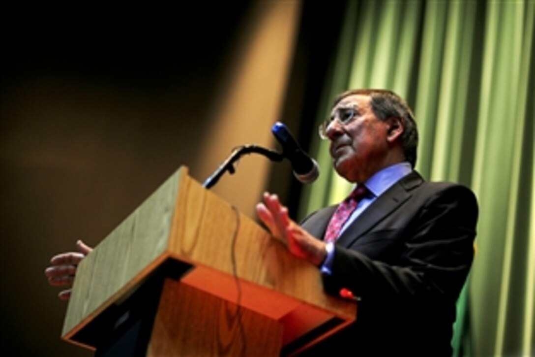 U.S. Defense Secretary Leon E. Panetta addresses U.S. troops on Naval Support Activity Naples, Italy, Oct. 7, 2011. Panetta thanked the troops for their service and answered questions from service members.