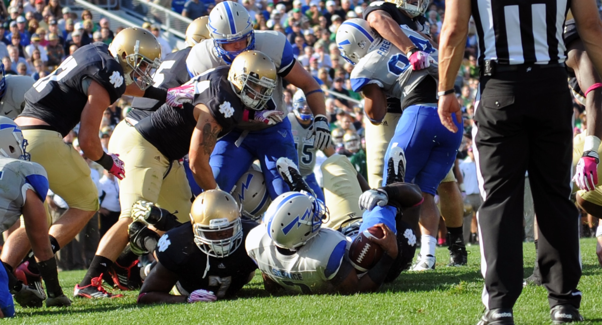 Air Force quarterback Tim Jefferson rushes in for his first touchdown of the day against the Notre Dame Fighting Irish Saturday, Oct. 8, 2011 at Notre Dame Stadium. Jefferson finished 12 for 24 passing with 137 yards and a TD pass to go with his TD run as the Irish rolled on the Falcons 59-33. The victory lifts the Irish to a 4-2 record while the Falcons drop to 3-2. (U.S. Air Force photo/Tech. Sgt. Raymond Hoy)