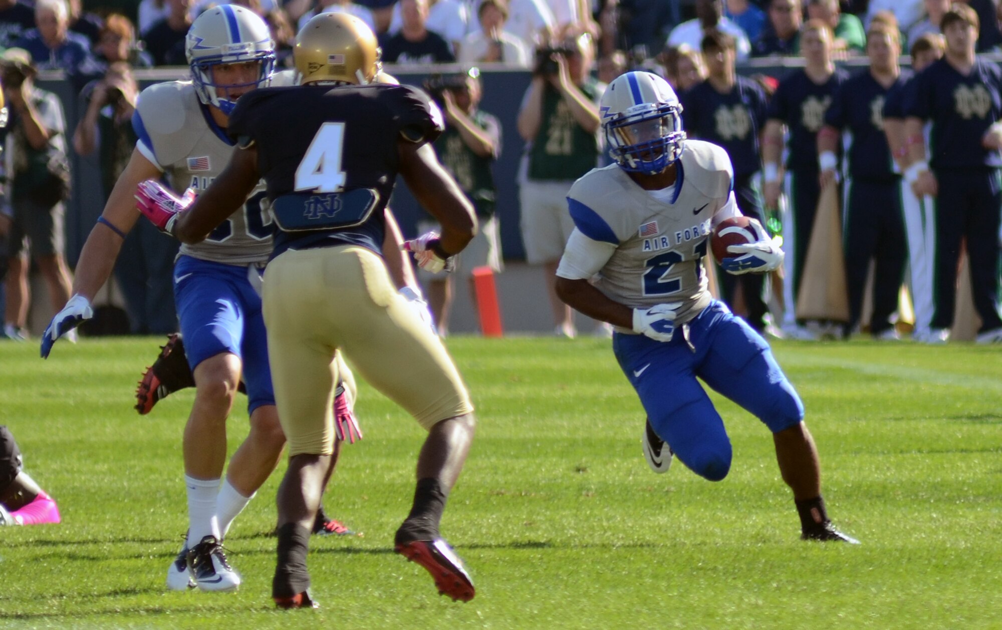 Air Force running back Darius Jones tries to get to the edge against the Notre Dame Fighting Irish Saturday, Oct. 8, 2011 at Notre Dame Stadium. The Irish rolled on the Falcons 59-33. The victory lifts the Irish to a 4-2 record while the Falcons drop to 3-2. (U.S. Air Force photo/Tech. Sgt. Raymond Hoy)