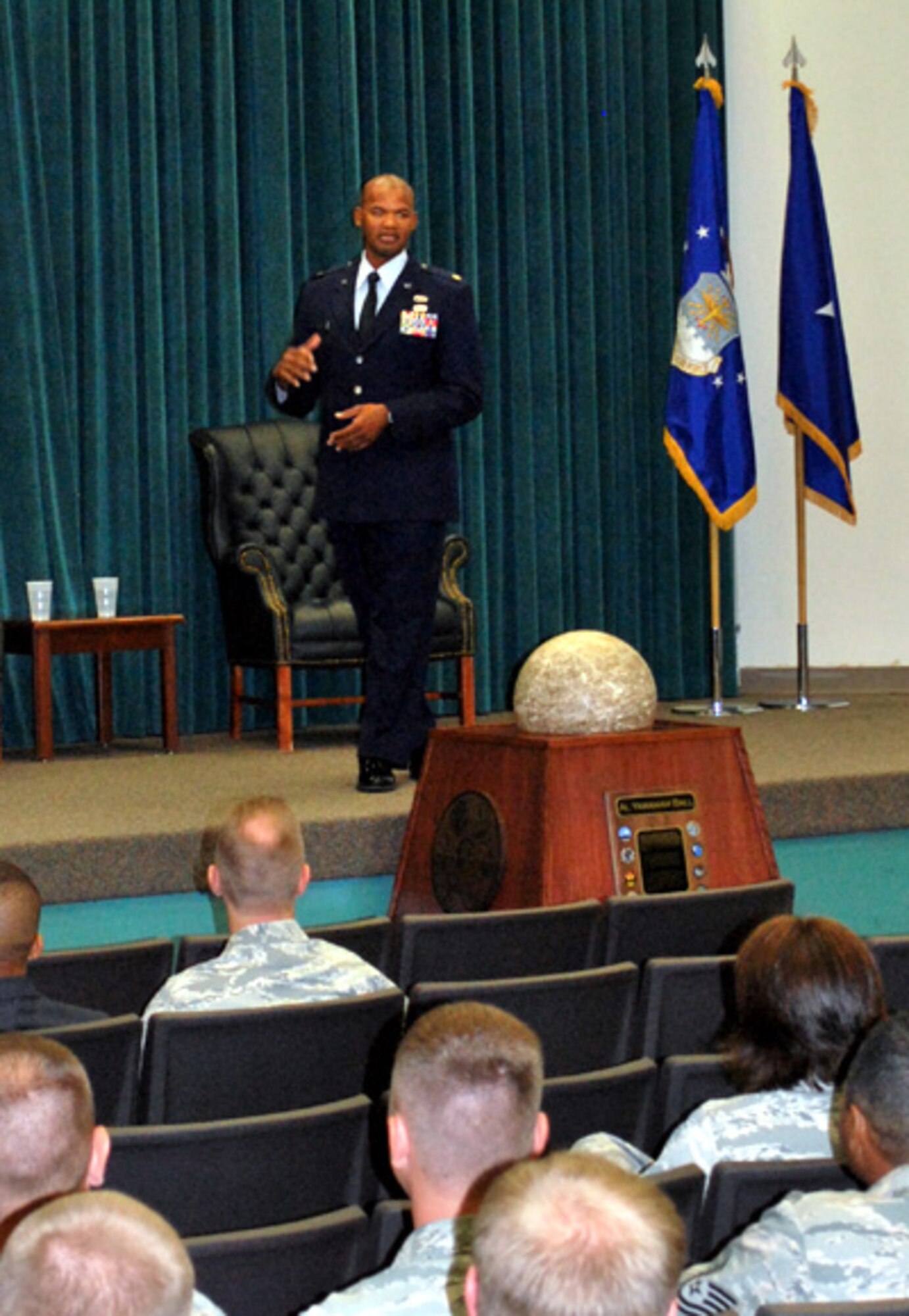 Major Ben Walker, aerial port freight officer for the 72nd Aerial Port Squadron addresses the crowd during his promotion ceremony Sept 10, 2011, at Tinker Air Force Base, OK. Walker became the first traditional reservist to be selected for the Air Force Logistics Career Broadening Program and is currently completing training at the Oklahoma City Air Logistics Center.