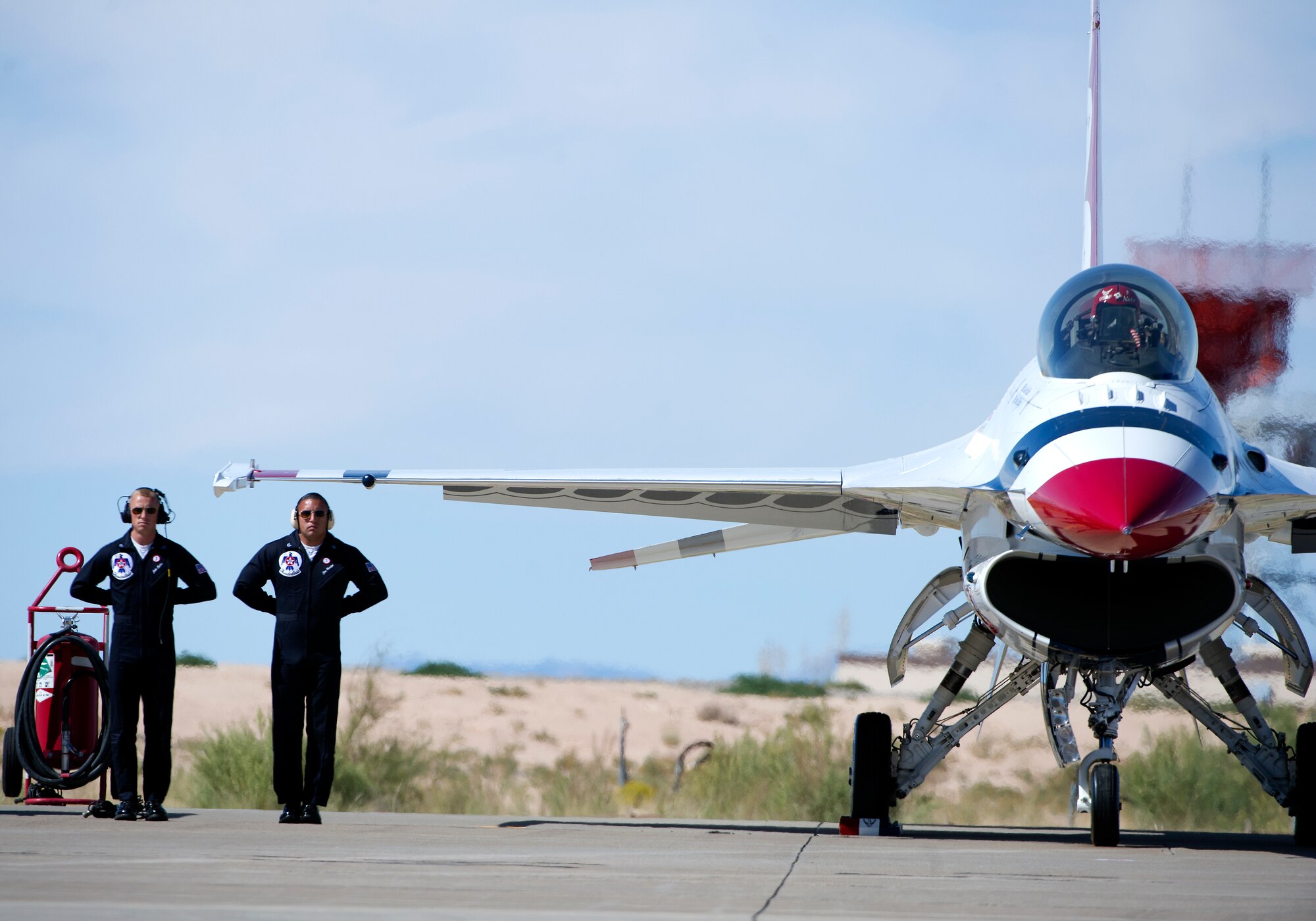 HOLLOMAN AIR FORCE BASE, N.M. -- An F-16 of the U.S. Air Force Thunderbirds demonstration team prepares to taxi Oct. 8, 2011, at the “Legacy of Liberty” Open House and Air Show. The Thunderbirds are known worldwide for performing amazing aerial maneuvers in tight formations. (U.S. Air Force photo by Senior Airman DeAndre Curtiss / Released) 