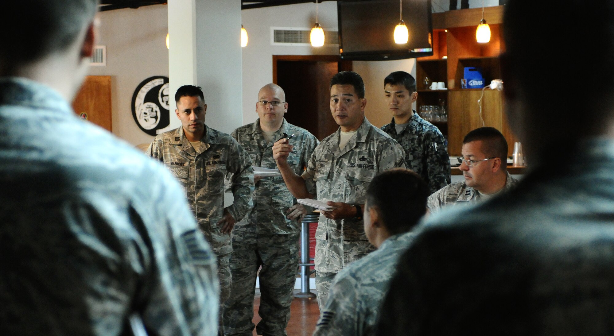 ANDERSEN AIR FORCE BASE, Guam— Senior Master Sgt. Vincente Cruz, 13th Air Force exercise logistics superintendant, briefs the logistics of Exercise Cope North during a planning meeting here, Sep. 28. Two different meetings were held in the morning; one meeting discussed the logistics and movement of troops to the exercise, while the other was held to discuss mission planning and scheduling of the exercise.  (U.S. Air Force photo by Senior Airman Benjamin Wiseman/Released)