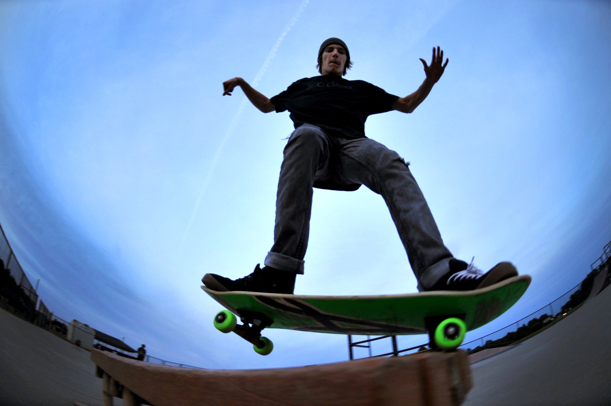 Devon Hornby makes it look easy as he skates the Sumter-Shaw Skate Park, Oct. 8, 2011, Sumter, S.C. The Sumter-Shaw Skate Park offers an alternative to military and civilian youth skating on the streets and provides them a safe environment to increase their skills to do what they love. (U.S. Air Force photo by Senior Airman Kenny Holston/Released)


