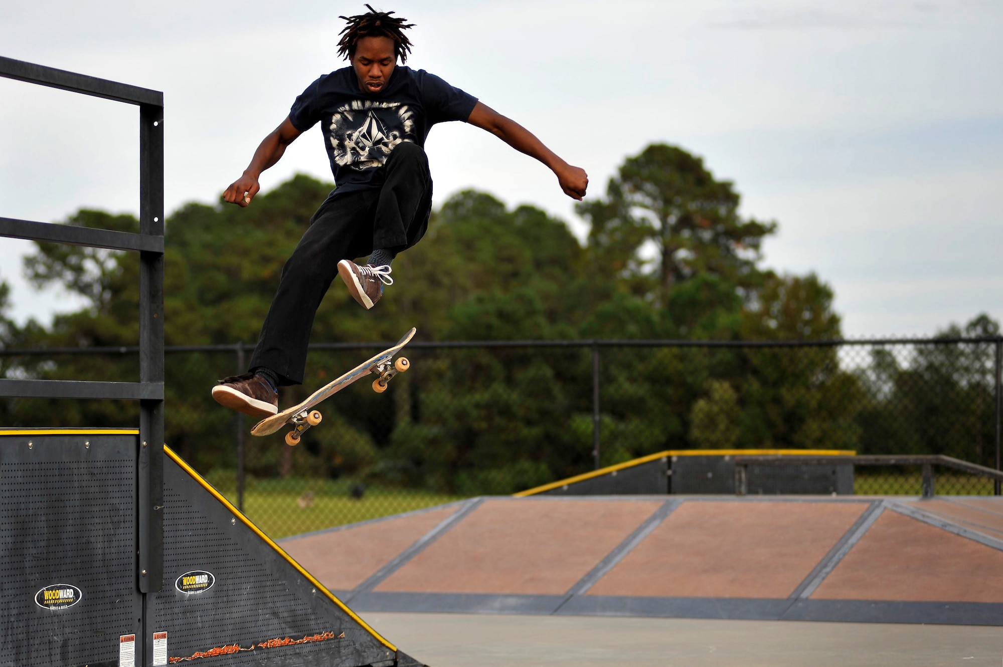 Patrick Kelly puts his board right where he wants it during an afternoon session at the Sumter-Shaw Skate Park, Oct. 8, 2011, Sumter, S.C. The Sumter-Shaw Skate Park offers an alternative to military and civilian youth skating on the streets and provides them a safe environment to increase their skills to do what they love. (U.S. Air Force photo by Senior Airman Kenny Holston/Released)


