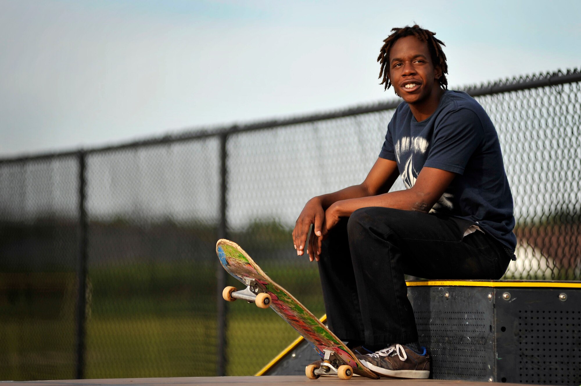 Patrick Kelly takes a break after an intense session at the Sumter-Shaw Skate Park, Oct. 8, 2011, Sumter, S.C. The Sumter-Shaw Skate Park offers an alternative to military and civilian youth skating on the streets and provides them a safe environment to increase their skills to do what they love. (U.S. Air Force photo by Senior Airman Kenny Holston/Released)


