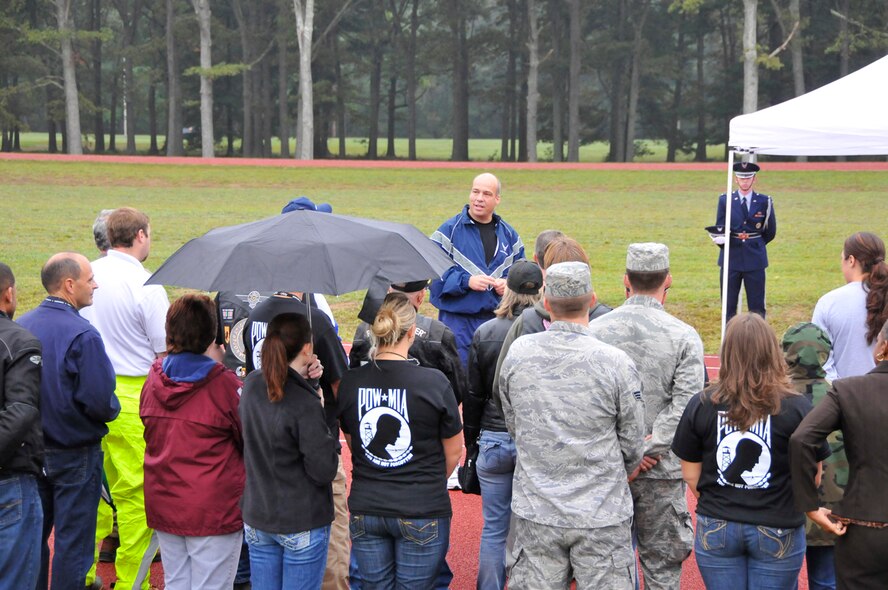 AEDC Commander Col. Michael Brewer speaks to AEDC employees during a POW/MIA recognition ceremony held on Sept. 15. More than 100 employees walked around the base running track and made donations totaling close to $2,000 for the local POW/MIA chapter and the National League of Families of American Prisoners and Missing in Southeast Asia. (Photo by Rick Goodfriend)