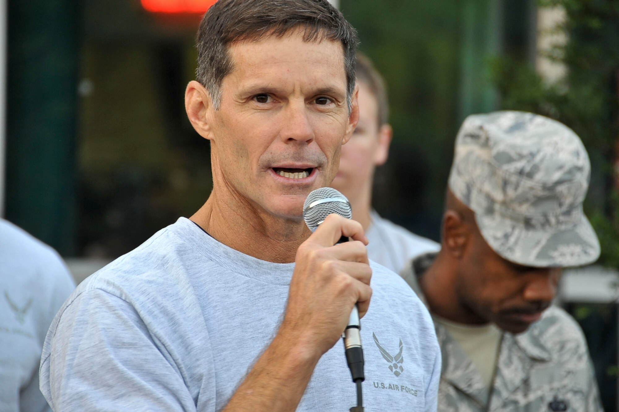 Brig. Gen. Robert N. Polumbo, 7th Air Force mobilization assistant to the commander, speaks to participants before the start of a 5k run in support of the Combined Federal Campaign Oct. 7, 2011. October 3rd was the start of the 9-week long campaign, which raises money for more than 2,400 charitable organizations. (U.S. Air Force photo/Senior Airman Adam Grant)     