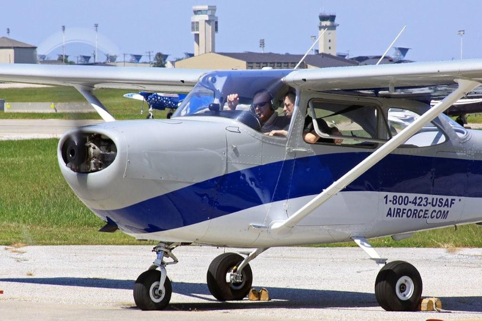 Kevin Webber, the chief flight instructor at the 436th Force Support Squadron Aero Club, and Mike Davis, a student with the aero club, prepare to take off during a flight lesson at the aero club. (Courtesy Photo)