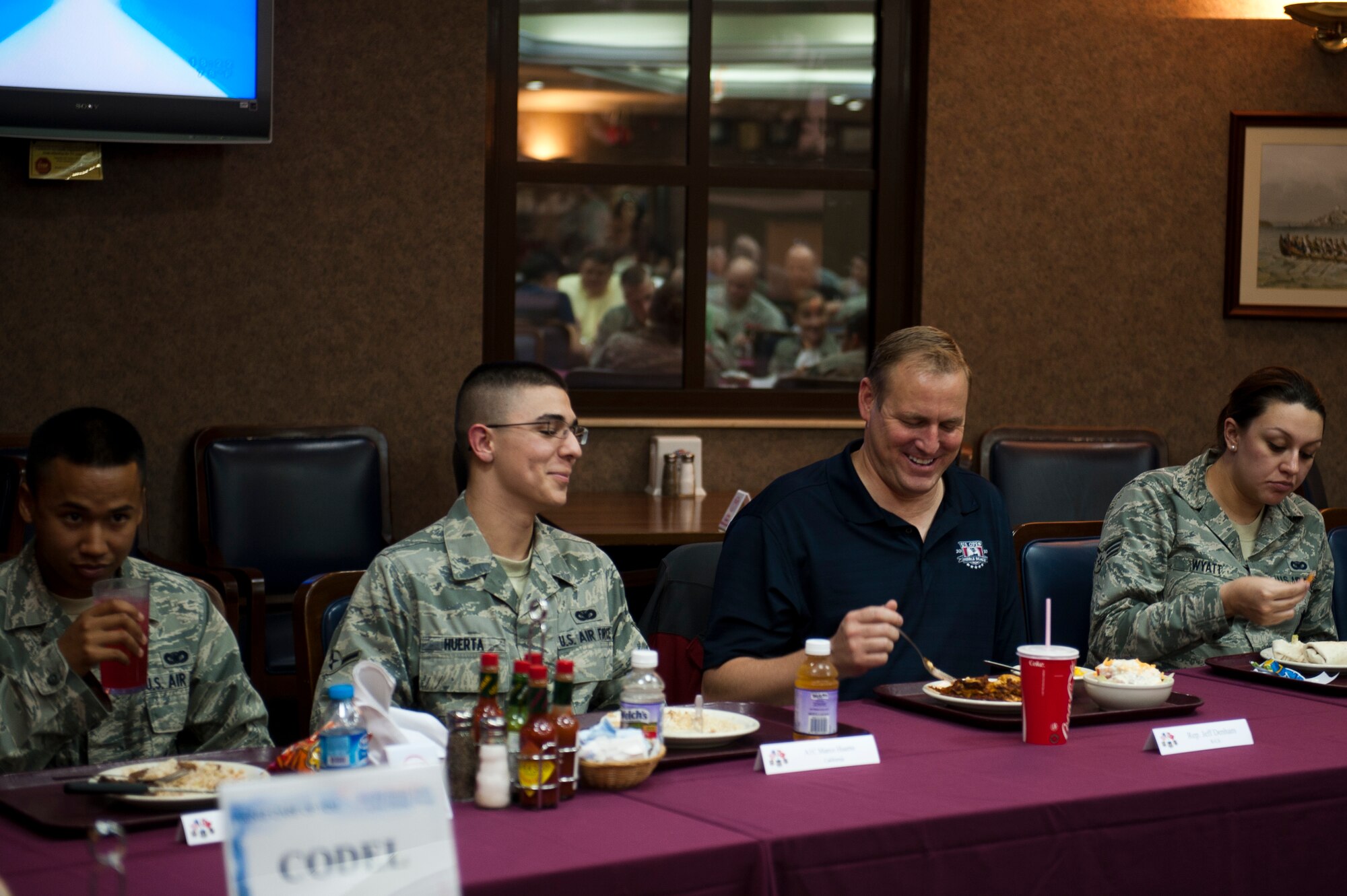Rep. Jeff Denham of California jokes with Airmen during a dinner Oct. 7, 2011, at Incirlik Air Base, Turkey. Denham and congressional delegation members took the opportunity to meet with constituents from their respective states during a brief stop on their way to visit Airmen in Afghanistan. (U.S. Air Force photo by Tech. Sgt. Michael B. Keller/Released)