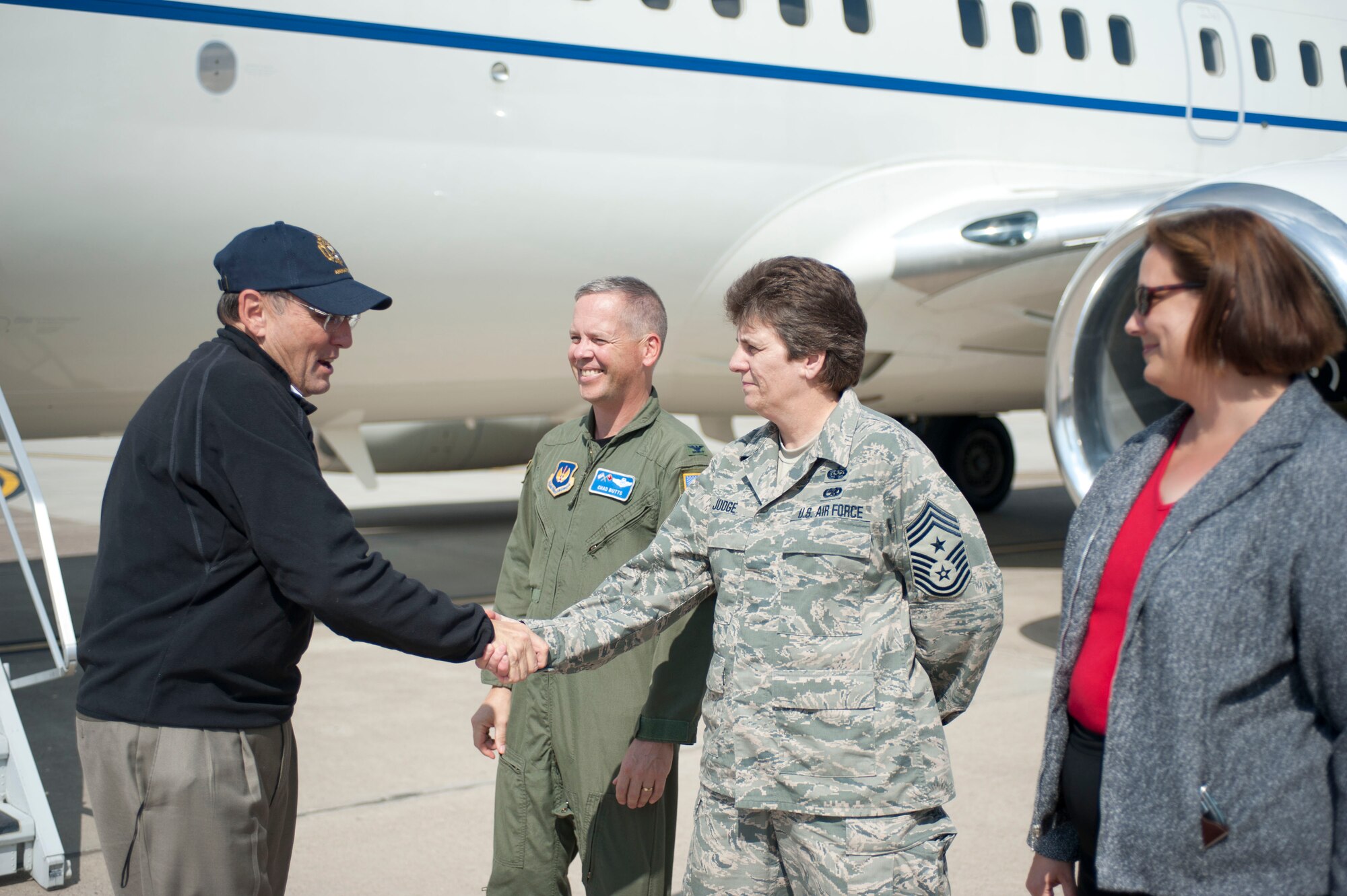 Rep. Phil Roe of Tennessee is greeted by Chief Master Sgt. Nancy Judge, 39th Air Base Wing command chief, during a visit Oct. 7, 2011, at Incirlik Air Base, Turkey. Roe and congressional delegation members took the opportunity to meet with constituents from their respective states during a brief stop on their way to visit Airmen in Afghanistan. (U.S. Air Force photo by Senior Airman Clayton Lenhardt/Released)