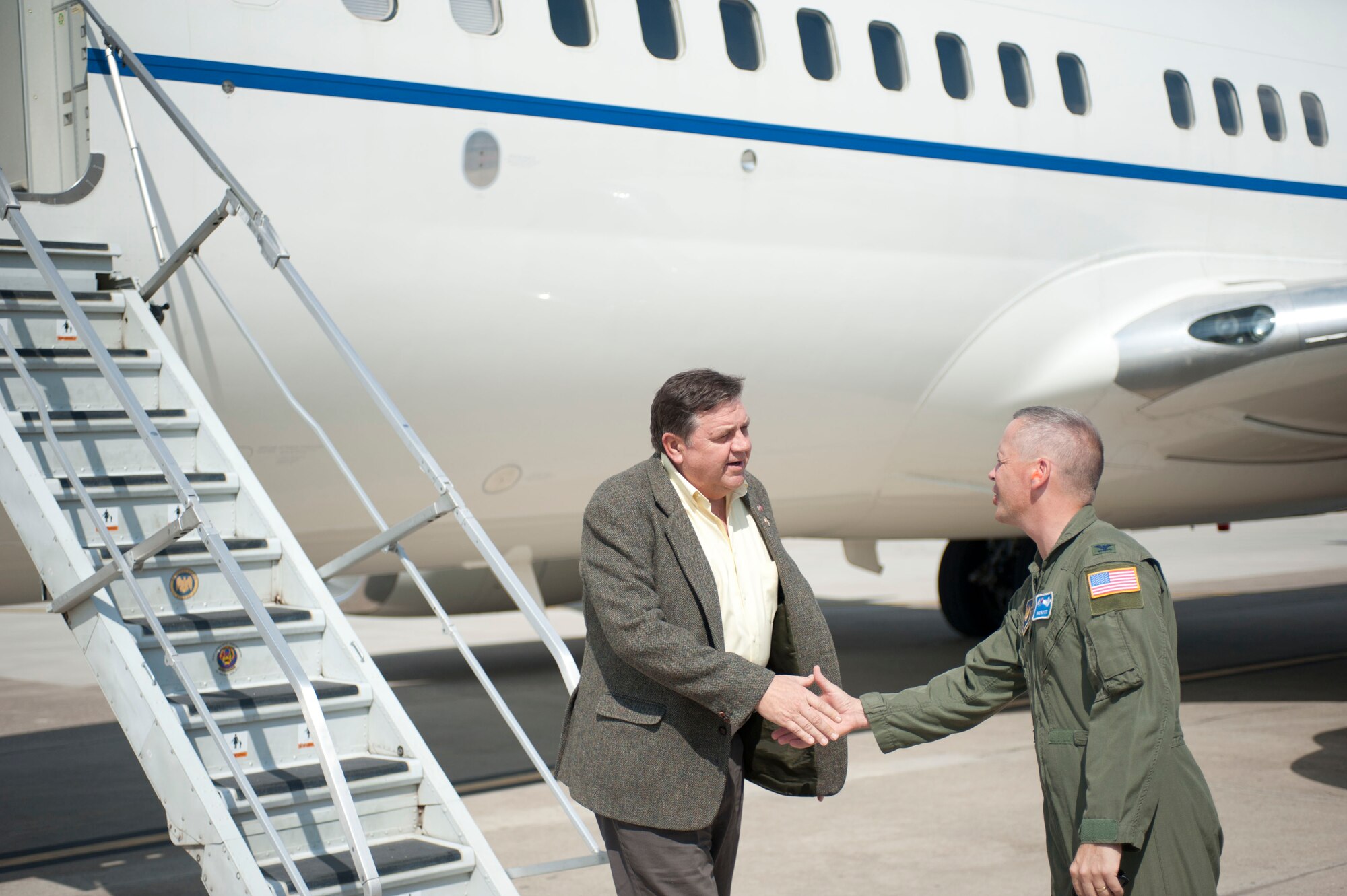 Rep. Dan Benishek of Michigan is greeted by Col. Chad Butts, 39th Air Base Wing vice commander, during a visit Oct. 7, 2011, at Incirlik Air Base, Turkey. Benishek and congressional delegation members took the opportunity to meet with constituents from their respective states during a brief stop on their way to visit Airmen in Afghanistan. (U.S. Air Force photo by Senior Airman Clayton Lenhardt/Released)