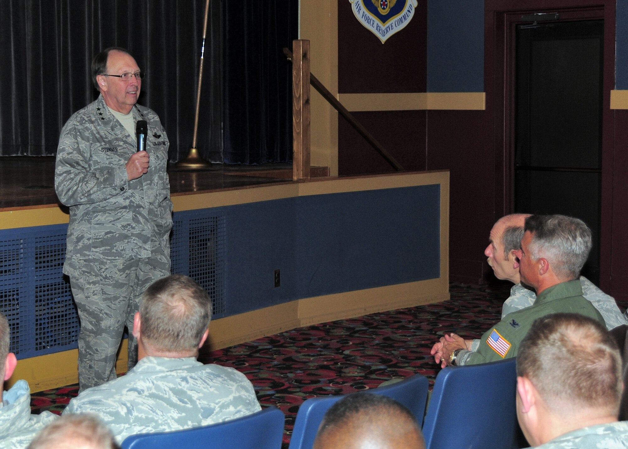 Air Force Reserve Command Lt. Gen Charles Stenner speaks during a town hall meeting to the members of the 914th Airlift Wing during his visit to the Niagara Falls Air Reserve Station, October 1, 2011. This was one of several bases that Gen. Stenner visited during the weekend. (U.S. Air Force photo by Senior Airman Jessica Snow)