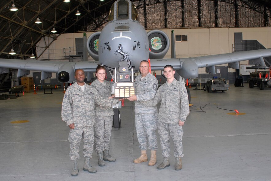 Staff Sgt. Malinda Lyons, Staff Sgt. Kenneth Thompson, and Airman 1st Class Charles Clayton, Crew 3 of the 25th Aircraft Maintenance Unit won the 3rd Quarter Load Crew Competition Oct. 4. (U.S. Air Force photo/Tech. Sgt. Eric Petosky)
