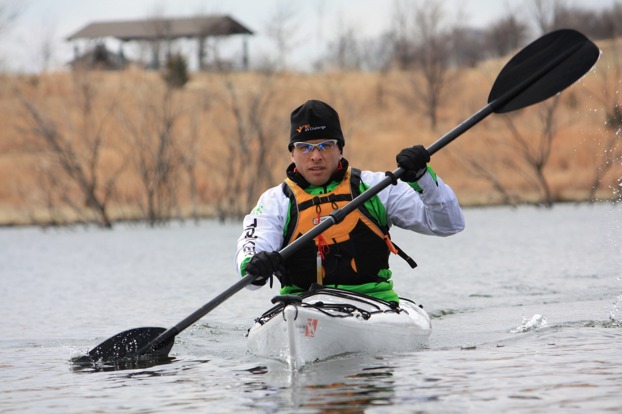 Maj. Dave Ashley, 5th Space Launch Squadron director of operations, kayaks an adventure race. Skills needed to complete the extreme sport's 50- to 200-plus-mile races may also include orienteering (land navigation with a map and compass only, no GPS), cross country running, canoeing, swimming, traversing on ropes, rock climbing and rappelling. Not only must participants be proficient in these areas, but they complete these tasks in environments with severe elevation changes, unforgiving terrain and extreme weather conditions. (Photo courtesy of Maj. Dave Ashley)