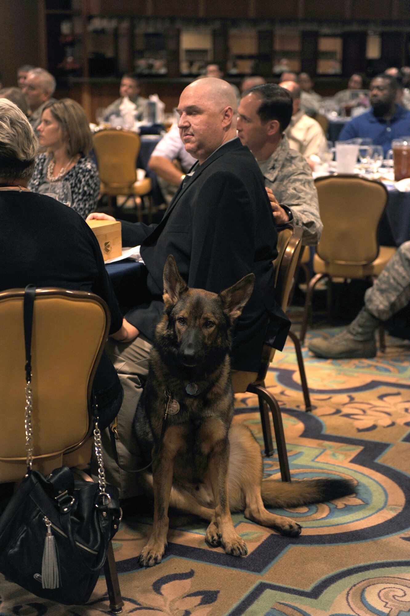 DAVIS-MONTHAN AIR FORCE BASE, Ariz. – Tech. Sgt. Christopher “Matt” Slaydon, a wounded warrior and guest speaker for the National Disability Employment Awareness Month Luncheon, sits with his dog, Legend, here Oct. 6. (U.S. Air Force photo/Airman 1st Class Christine Griffiths)