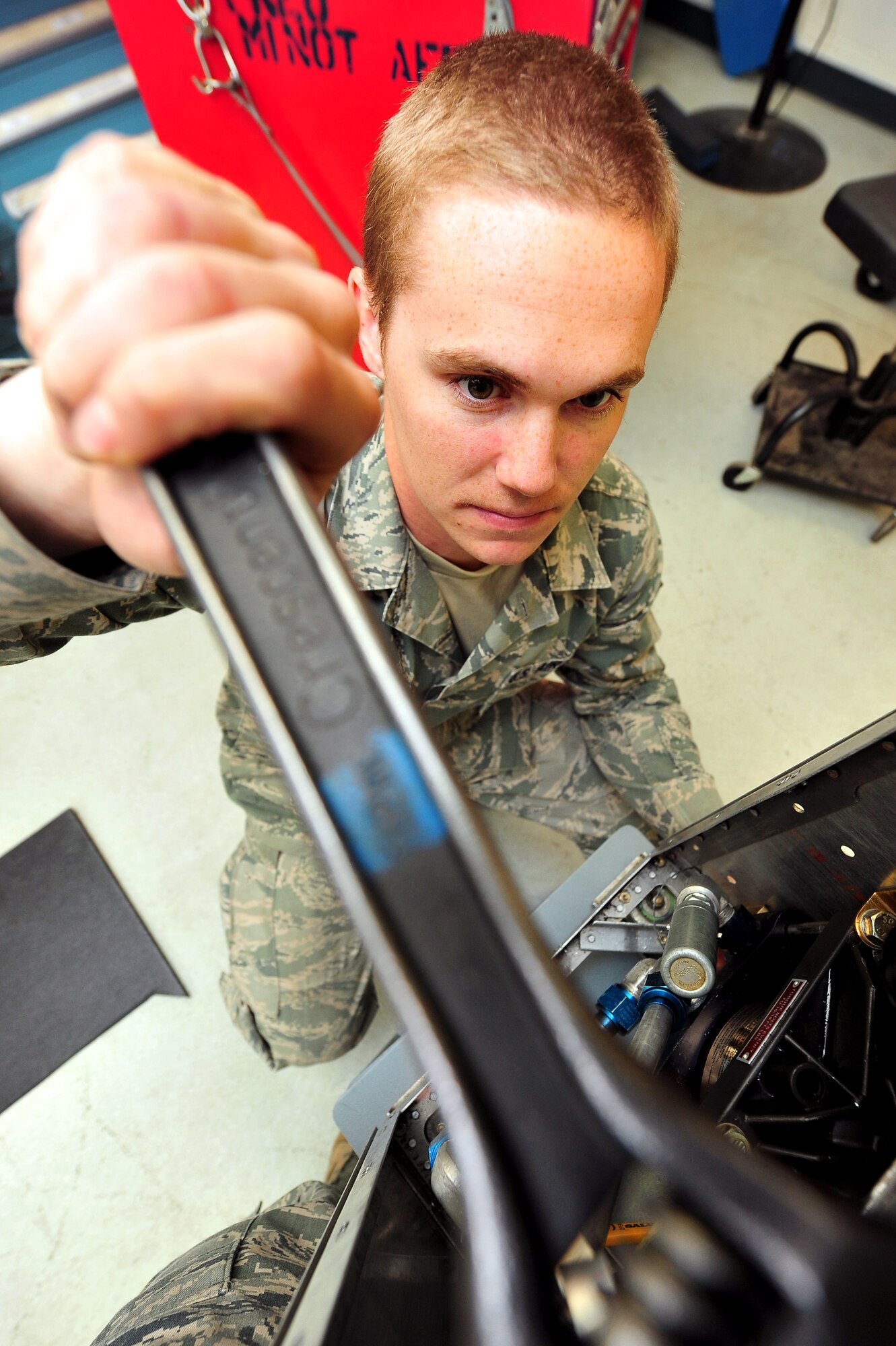 MINOT AIR FORCE BASE, N.D. – Airman 1st Class Timothy Welter, 91st Maintenance Operations Squadron maintenance technician, makes repairs and conducts function tests on a charge cart, which is something he was evaluated on as part of the Air Force Global Strike Command Global Strike Challenge, here Oct 12. The routine maintenance of systems found in the launcher equipment room such as a charge cart is critical to mission effectiveness by providing missile preservation and allowing reliable nuclear and conventional operations. Minot Airmen from both the 5th Bomb Wing and the 91st Missile Wing are participating in this year's AFGSC Global Strike Challenge during the months of June through November to showcase the world's premier bomber and ICBM forces and to recognize outstanding AFGSC personnel and teams. (U.S. Air Force photo/Senior Airman Jesse Lopez)