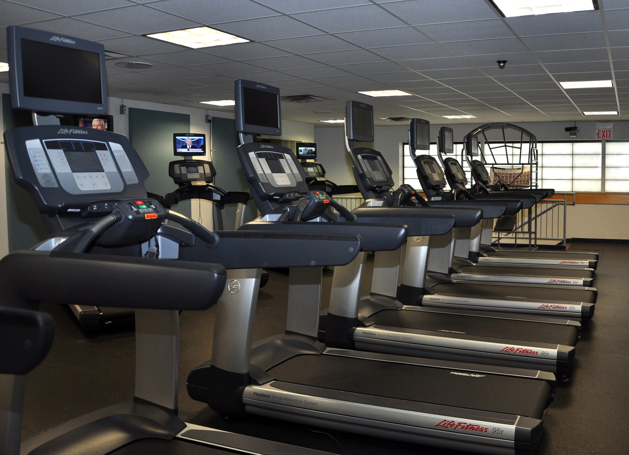 New treadmills are available for use at the Grand Forks Air Force Base Fitness Center after being installed Oct. 3. Twenty treadmills were installed and dispersed between the gym's cardio room and parent & child area. The treadmills are a portion of a wave of 75 new exercise equipment machines scheduled to arrive throughout October. (U.S. Air force photo/Airman 1st Class Derek VanHorn)