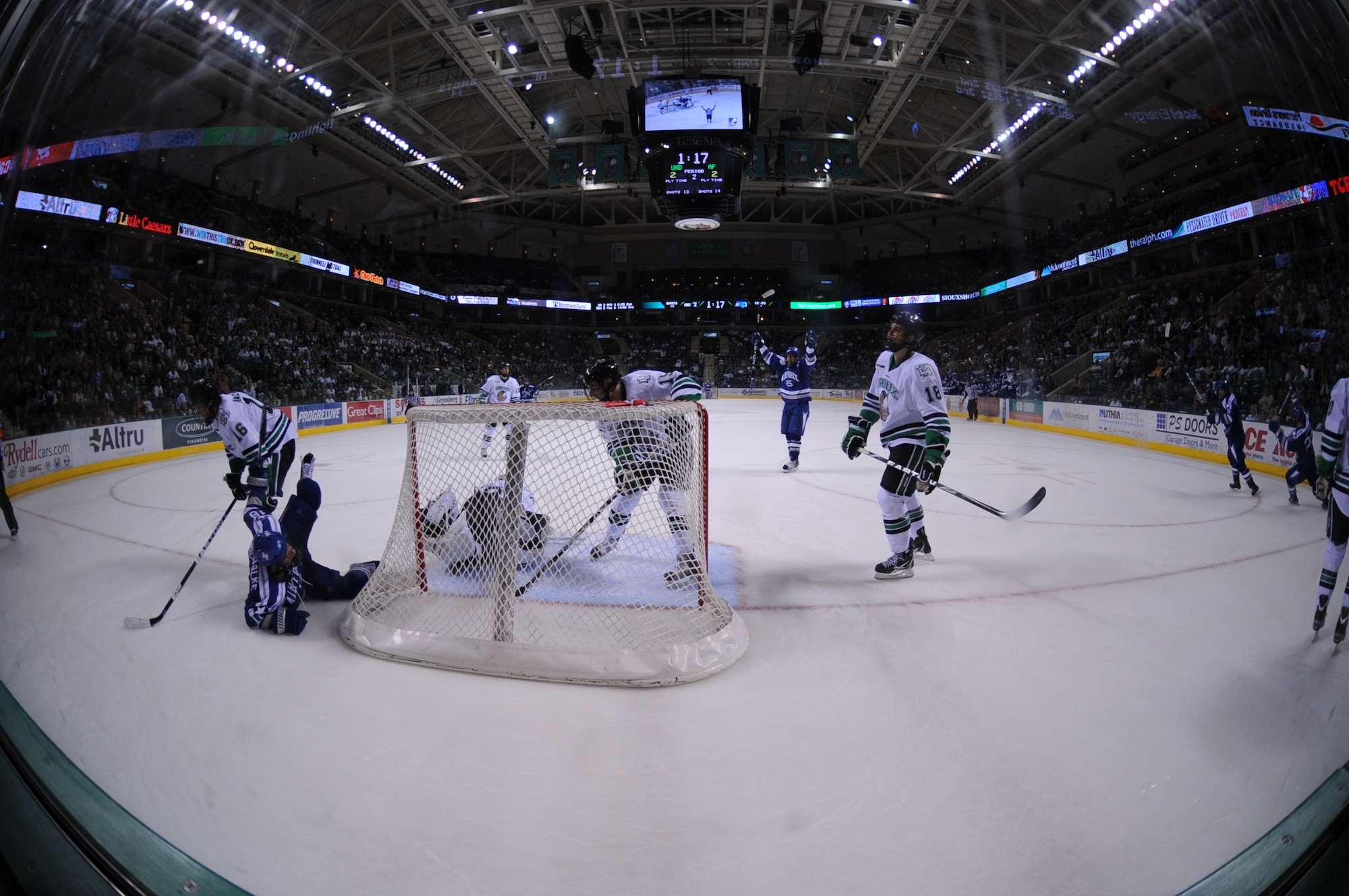 The Air Force Falcons tie the score in the second period during the 15th annual Icebreaker Tournament at Ralph Engelstad Arena in Grand Forks, N.D., on Oct 7. The University of North Dakota Fighting Sioux took on the Falcons during the 15th annual Icebreaker Tournament with UND coming out on top 4-3. The season opener marked the 10-year anniversary of the arena. (U.S. Air Force photo by Senior Airman Amanda N. Stencil)