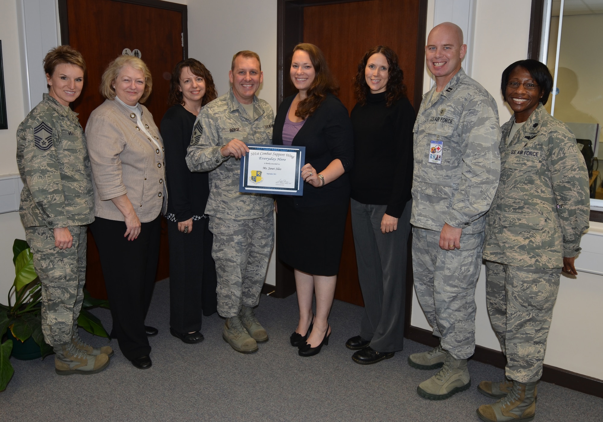 RAF ALCONBURY, United Kingdom - Janet Sileo, 423rd Medical Squadron, was named the September 501st Everyday Hero from the 423rd Air Base Group. Sileo provides administrative support to the providers in the Educational and Developmental Intervention Services clinic by maintaining records, scheduling and front desk support to clients. (U.S. Air Force photo by 1st Lt. Brian Maguire)