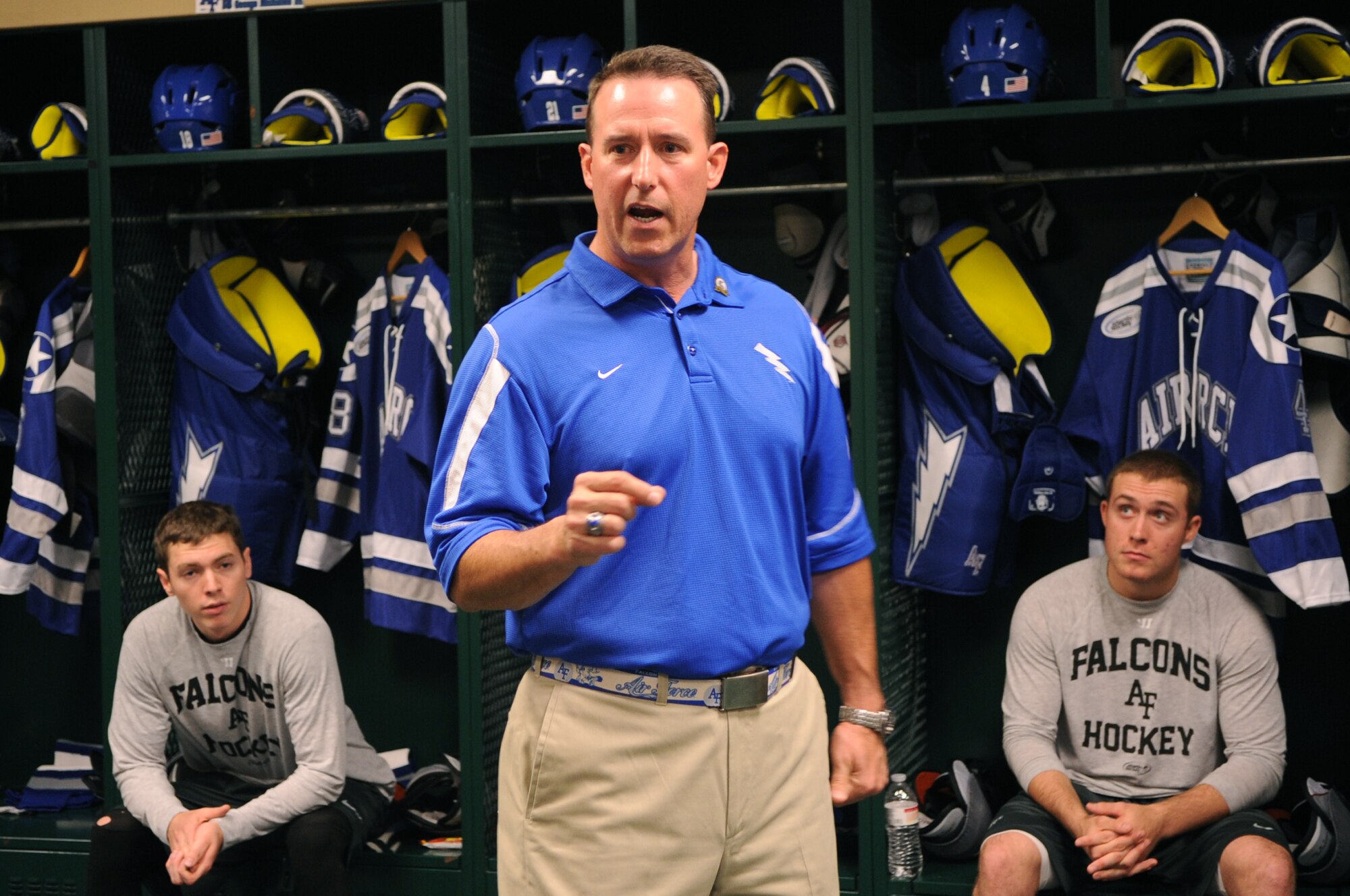 Col. Tim Bush, 319th Air Base Wing commander, gives an intense motivational speech to the Air Force Academy Falcons at Ralph Engelstad Arena in Grand Forks, N.D., on Oct 7. The University of North Dakota Fighting Sioux took on the Falcons in the 15th annual Icebreaker Tournament with UND coming out on top 4-3. The season opener marked the 10-year anniversary of the arena. (U.S. Air Force photo by Senior Airman Amanda N. Stencil)