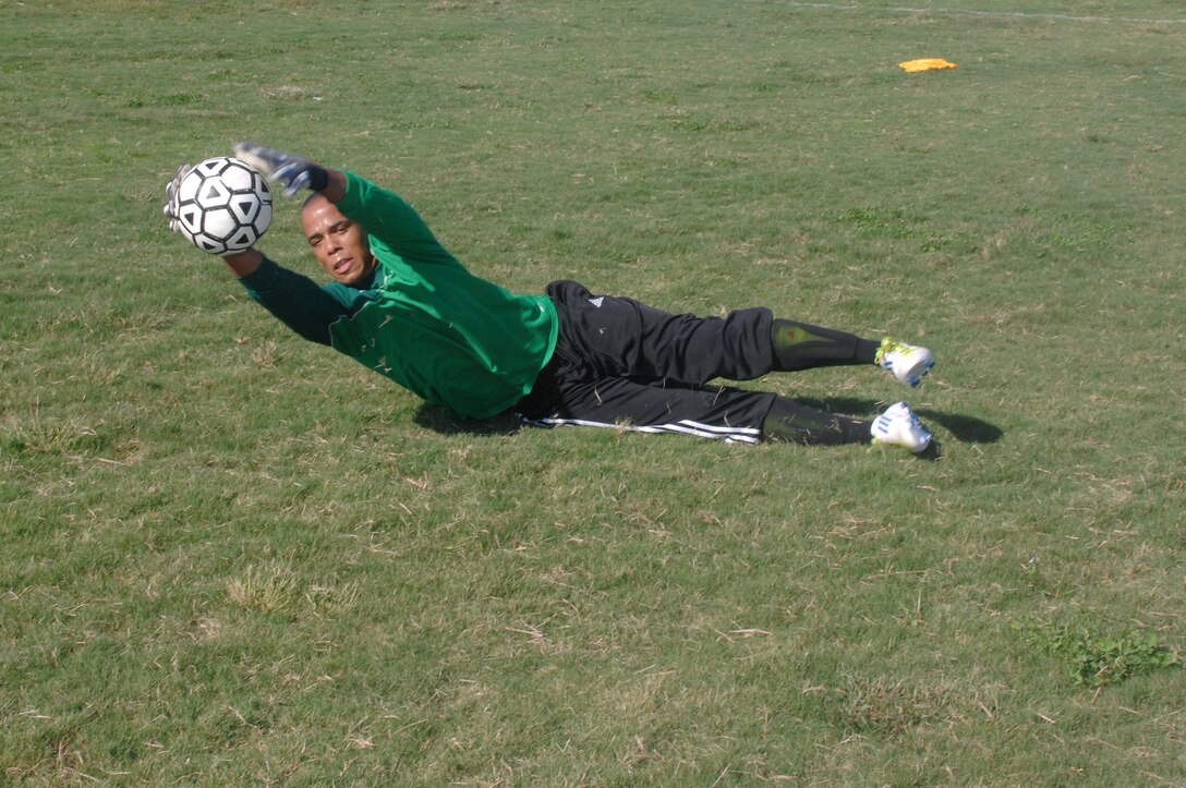 Jordan Kermoade, a goalkeeper, dives to block the ball during the All Air Force Soccer Trial and Training Camp held at Langley Air Force Base, Va., Oct. 4, 2011. Soccer players from all over the world are taking part in three weeks of soccer trials to be evaluated for a spot on the 2011-2012 All Air Force, Men’s Soccer Team. Kermoade is an Airman 1st class assigned to the 1st Aircraft Maintenance Squadron at Langley Air Force Base. (U.S. Air Force photo by Staff Sgt. Antoinette Gibson/Released)