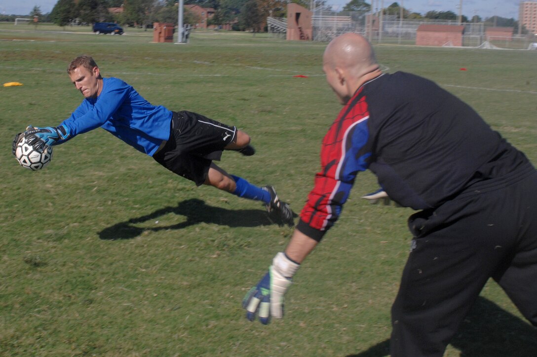 Joe Dills, goalkeeper, tosses the ball to returning player Paul Elsbernd, goalkeeper, during a pass and catch drill during the All Air Force Soccer Trial and Training Camp held at Langley Air Force Base, Va., Oct. 4, 2011. Soccer players from all over the world are taking part in three weeks of soccer trials to be evaluated for a spot on the 2011-2012 All Air Force, Men’s Soccer Team. (U.S. Air Force photo by Staff Sgt. Antoinette Gibson/Released)