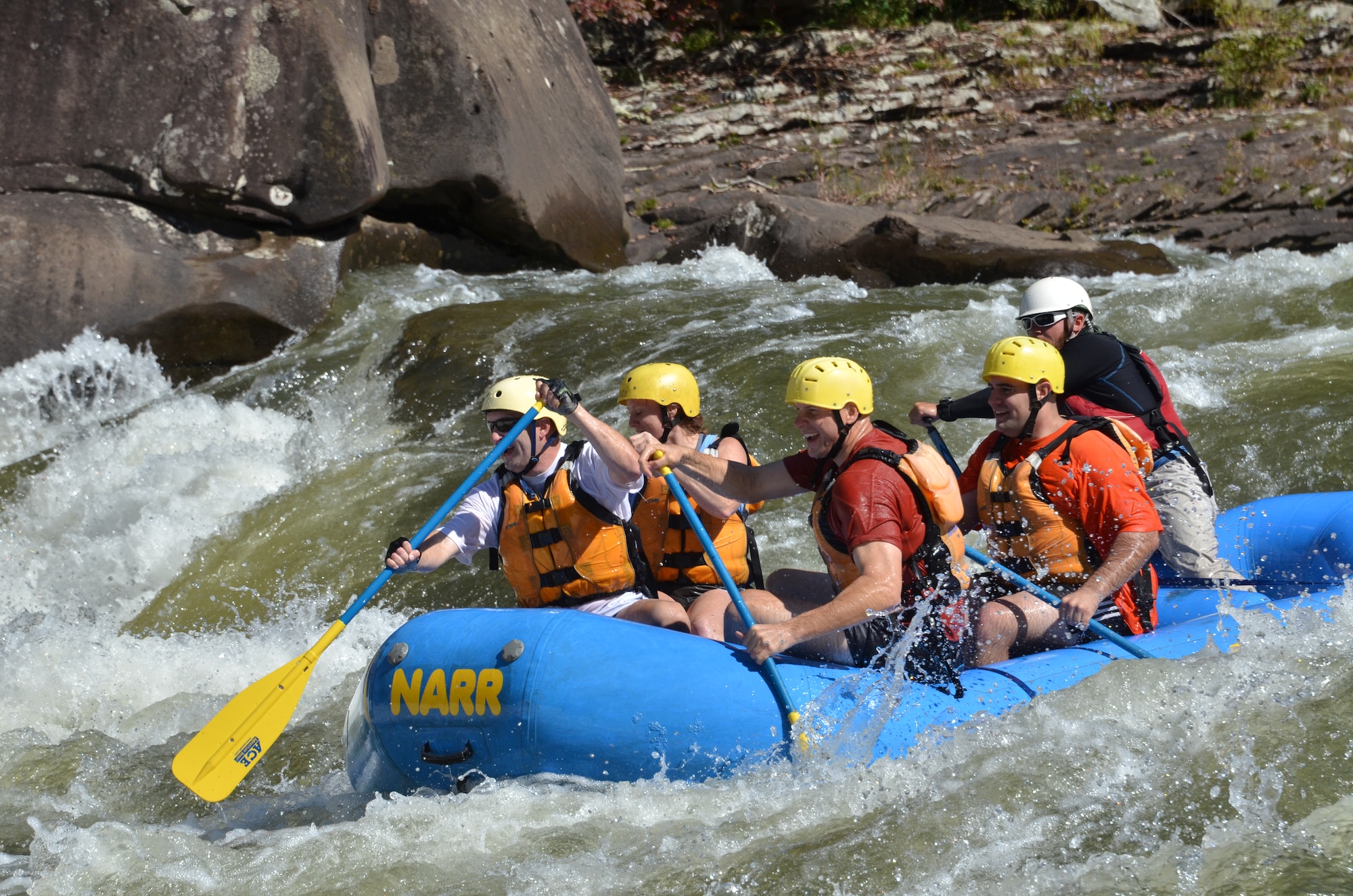 The Joint Task Force Civil Support Team navigates the rapids of the Gauley River during the 11th Annual Wilderness Challenge, Oct. 7, 2011, in Fayetteville W.Va. Navigating the rapids was the second event during the challenge that took competitors on a 13-mile white water adventure in order to finish day one of the two-day challenge.  (U.S. Air Force photo by Tech. Sgt April Wickes/Released)