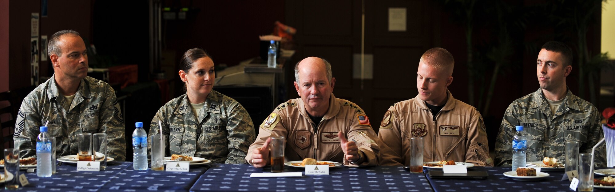 Gen. Duncan J. McNabb, commander, U.S. Transportation Command, speaks with servicemembers at a luncheon Oct. 4, 2011, at an undisclosed location in Southwest Asia. McNabb’s visit was just one stop on a tour of bases throughout the U.S. Central Command Area of Responsibility to thank servicemembers for their sacrifice and dedication. USTRANSCOM is the single manager for global air, land and sea transportation for the Department of Defense. The general is scheduled to retire Nov. 30, 2011, after more than three decades of service. (U.S. Air Force photo/Senior Airman Paul Labbe)