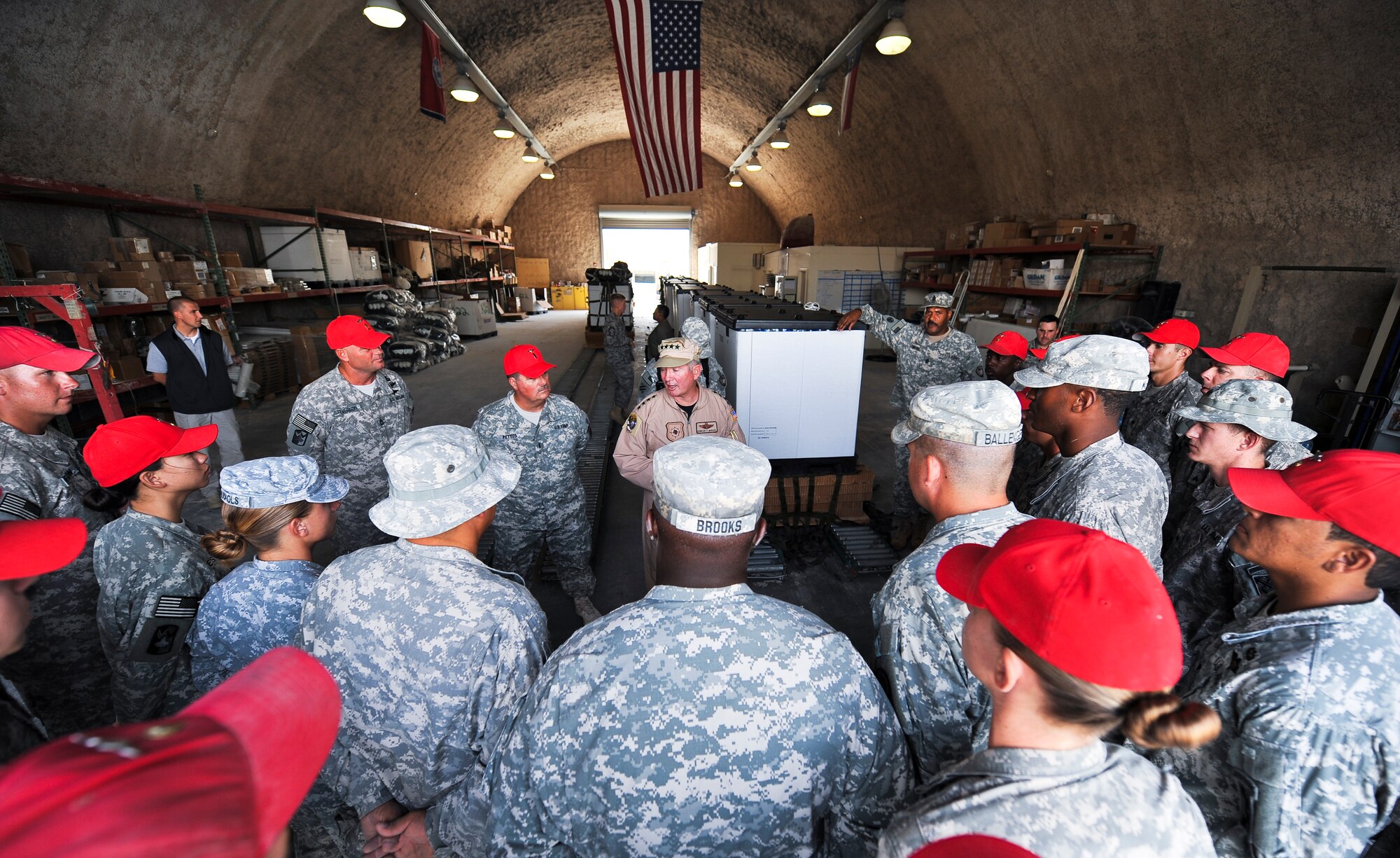 Gen. Duncan J. McNabb, commander,  U.S. Transportation Command, speaks to Soldiers of the 824th Quartermaster Company Detachment 10, Oct. 4, 2011, at an undisclosed location in Southwest Asia. McNabb’s visit was just one stop on a tour of bases throughout the U.S. Central Command Area of Responsibility to thank servicemembers for their sacrifice and dedication. USTRANSCOM is the single manager for global air, land and sea transportation for the Department of Defense. The quartermaster’s riggers provide vital supplies to servicemembers throughout the CENTCOM AOR by preparing supply pallets for air-drop delivery by C-17 Globemaster III aircraft. The general is scheduled to retire Nov. 30, 2011, after more than three decades of service. (U.S. Air Force photo/Senior Airman Paul Labbe)