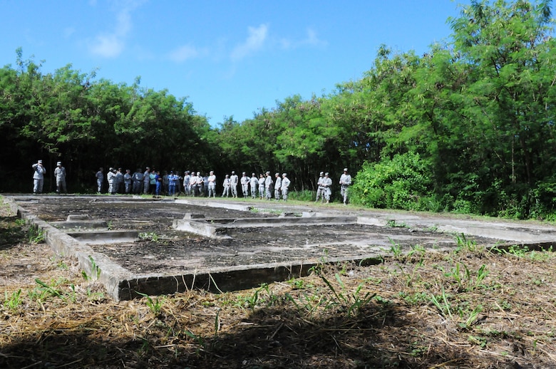 ANDERSEN AIR FORCE BASE, Guam – Senior leaders of Team Andersen visit the facility where the atomic bomb “Little Boy” was built during a staff visit and tour of Tinian Island, Oct. 11. The structure has since deteriorated but the foundation and the layout of the operation can still be seen. (U.S. Air Force photo/ Senior Airman Carlin Leslie)