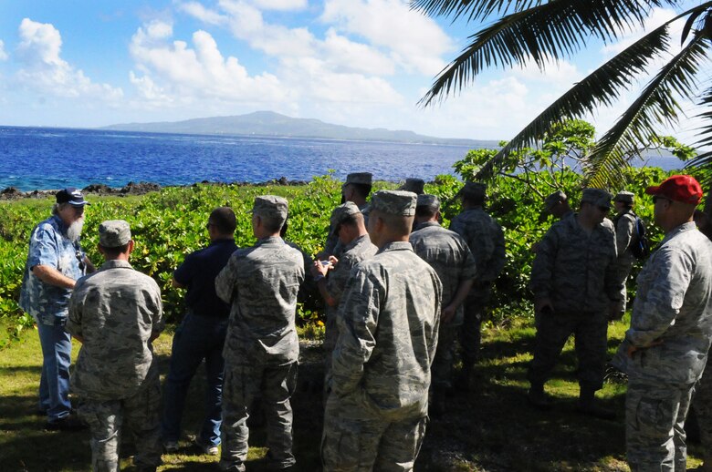 ANDERSEN AIR FORCE BASE, Guam –Don Ferrell, Northern Marianas Island Historian, took senior leaders of Team Andersen to the northern most tip of Tinian Island, during a staff visit, Oct. 11. Tinian Island is located just five miles south of Saipan, within the Northern Marianas Islands. (U.S. Air Force photo/ Senior Airman Carlin Leslie)