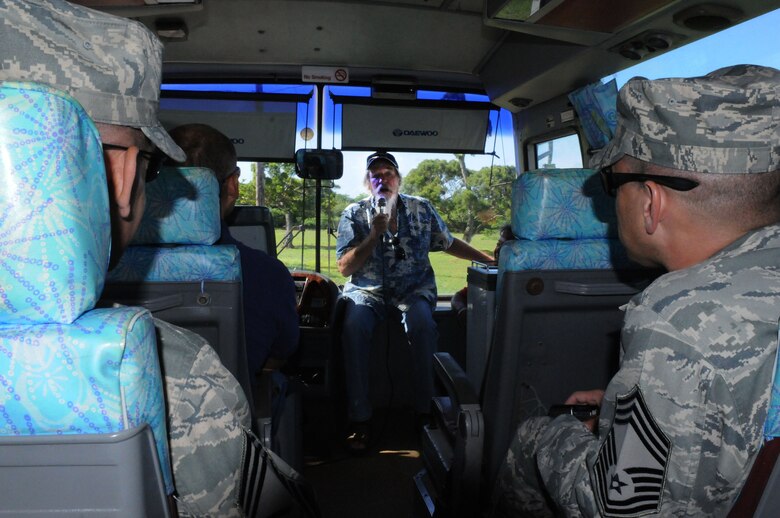 ANDERSEN AIR FORCE BASE, Guam –Don Ferrell, Northern Marianas Island Historian, welcomes senior leaders of Team Andersen to Tinian Island for a tour, Oct. 11. Mr. Ferrell shared his vast knowledge of Tinian and World War II while escorting the group to various historical sites. (U.S. Air Force photo/ Senior Airman Carlin Leslie)
