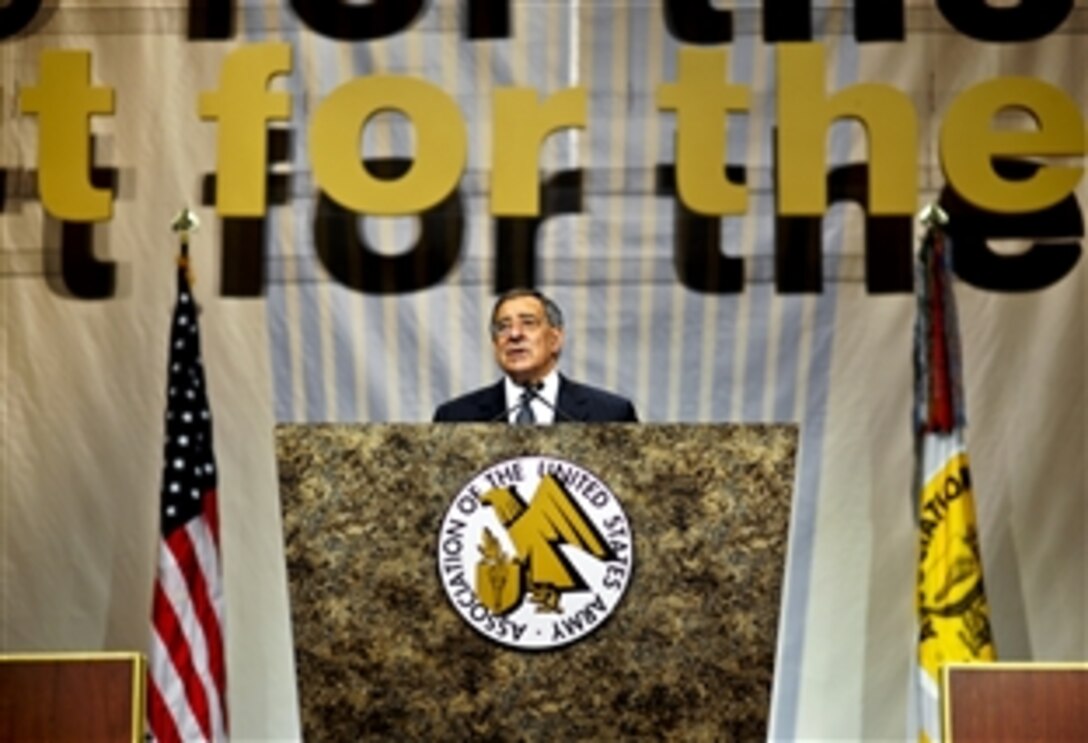Defense Secretary Leon E. Panetta delivers remarks at the Association of the United States Army 2011 Annual Meeting and Exposition at the Walter E. Washington Convention Center in Washington, D.C., Oct. 12, 2011.