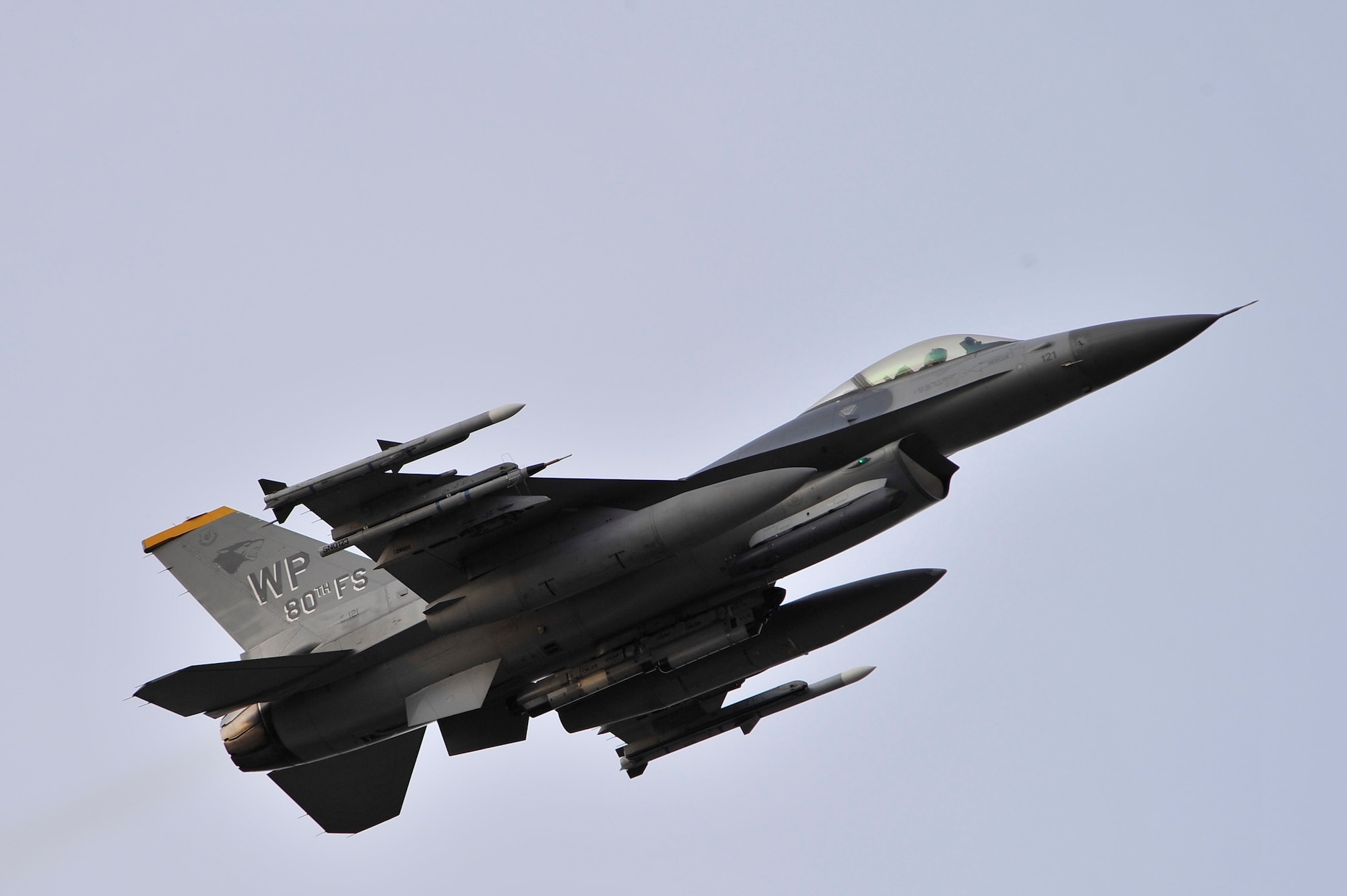 A U.S. Air Force F-16 Fighting Falcon from Kunsan Air Base, Republic of Korea, soars over Eielson Air Force Base, Alaska, during exercise RED FLAG-Alaska 12-1 Oct. 7, 2011. RF-A is conducted in the Joint Alaska Range Complex which provides the military with the largest air-ground training complex in the United States. (U.S. Air Force photo by Staff Sgt. Christopher Boitz/Released)