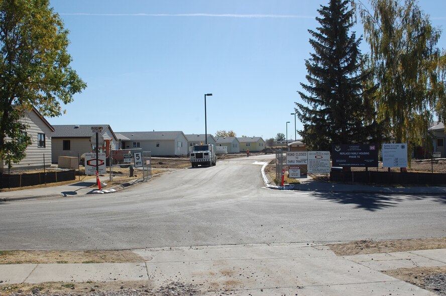 The newest construction zone entrance at the corner of Locust and Gumwood Streets is clearly marked with signs to stay out of the area due to dangerous conditions. (U.S. Air Force photo/Valerie Mullett)