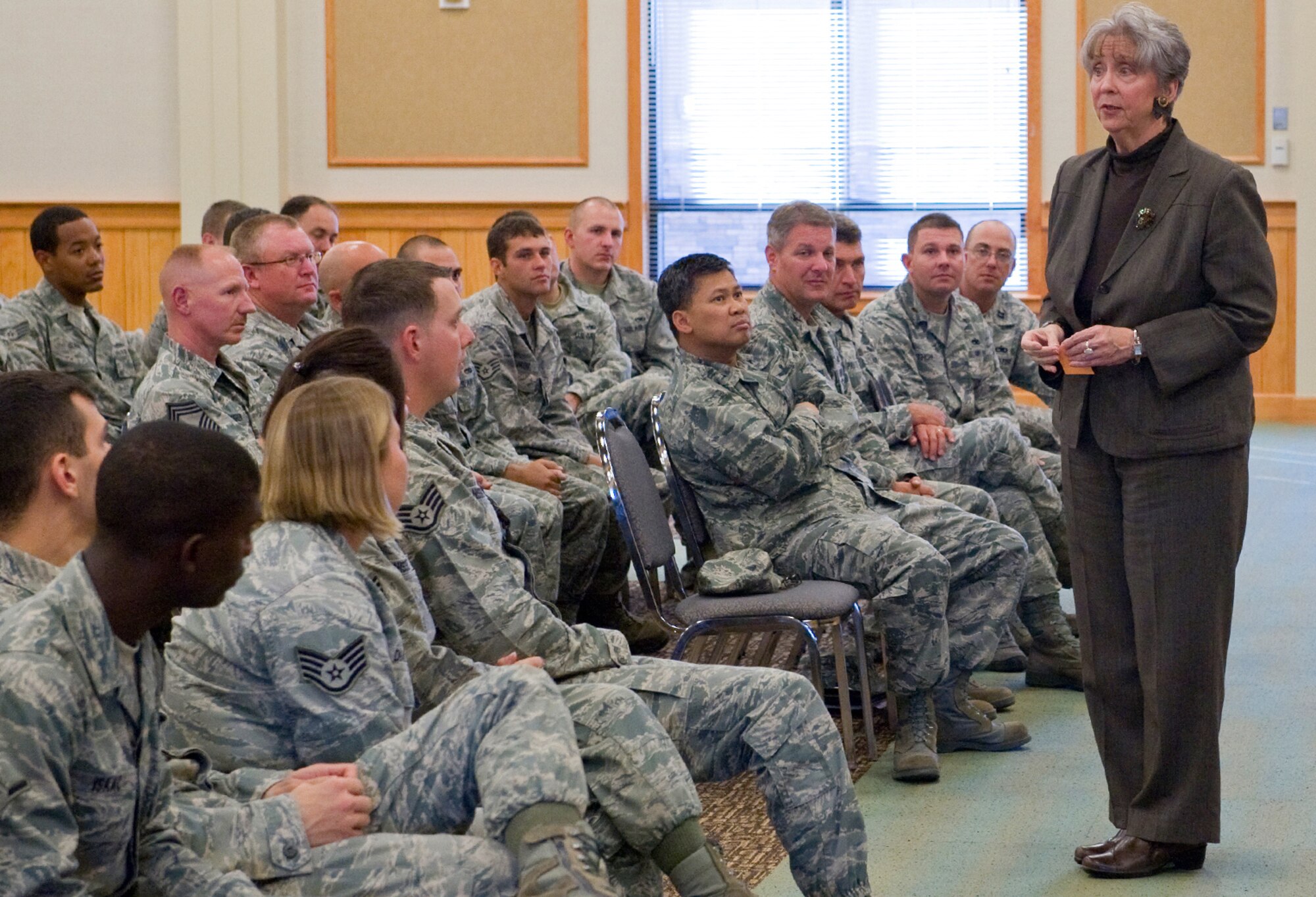 Ms. Ann Mitchell, Air Force Global Strike Command Director of Installations, Logistics and Mission Support, held a Director's Call Sept. 29 at the Grizzly Bend, where she addressed the leadership and personnel of the 341st Maintenance Group and 16th Munitions Squadron. Mitchell visited Sept. 28-29 to observe the maintenance areas, facilities and support functions. (U.S. Air Force photo/Beau Wade)